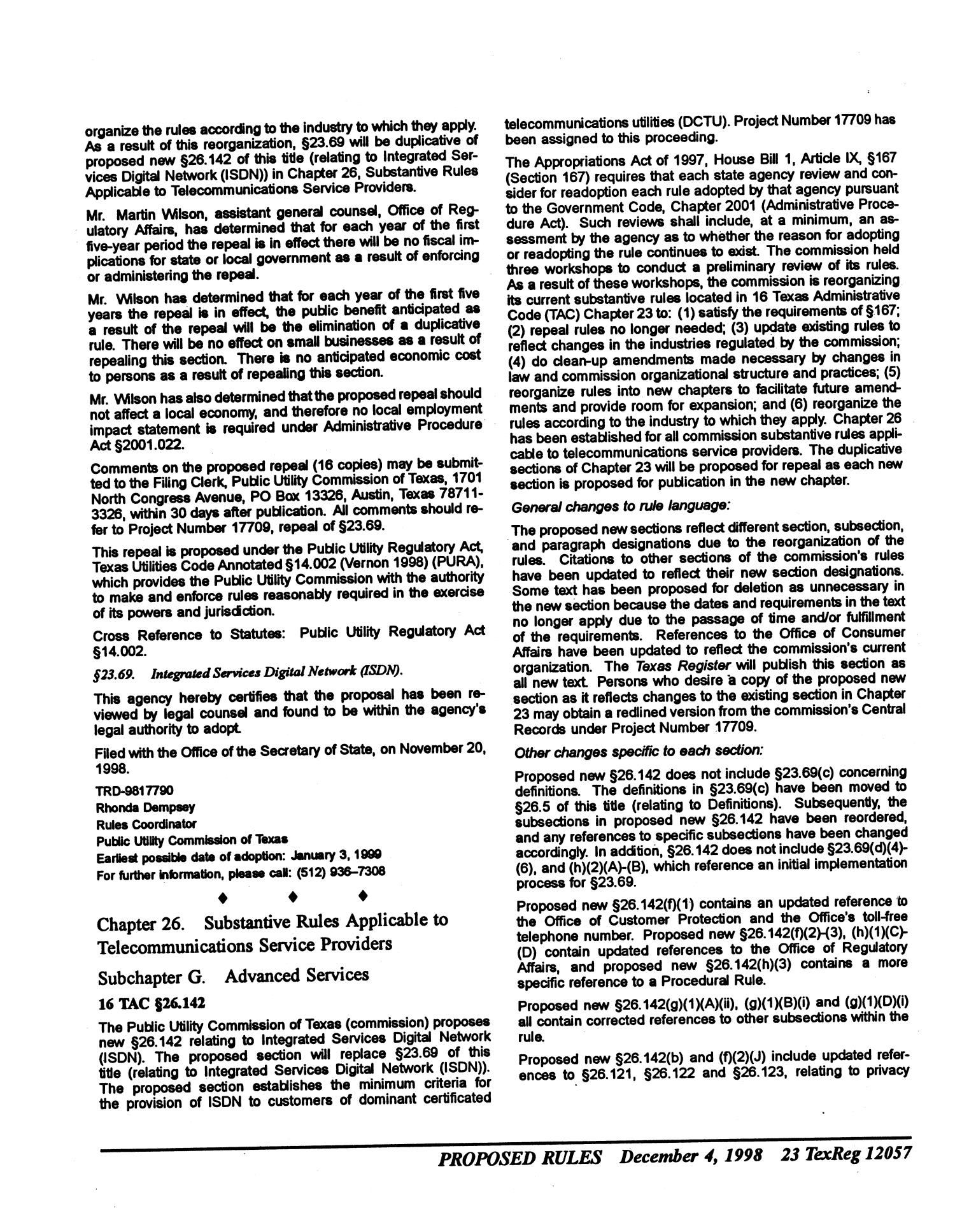 Texas Register, Volume 23, Number 49, Part I, Pages 12009-12154, December 4, 1998
                                                
                                                    12057
                                                