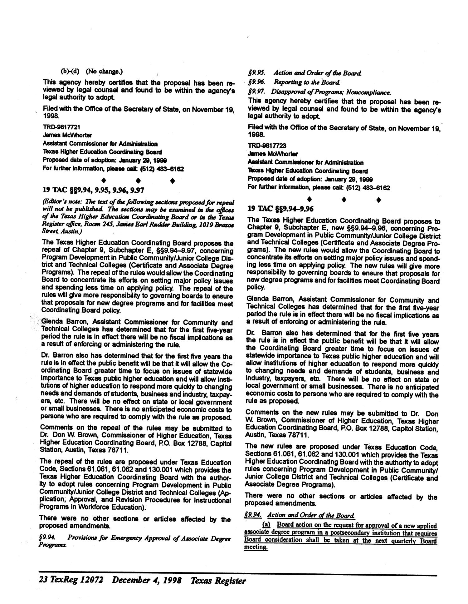 Texas Register, Volume 23, Number 49, Part I, Pages 12009-12154, December 4, 1998
                                                
                                                    12072
                                                