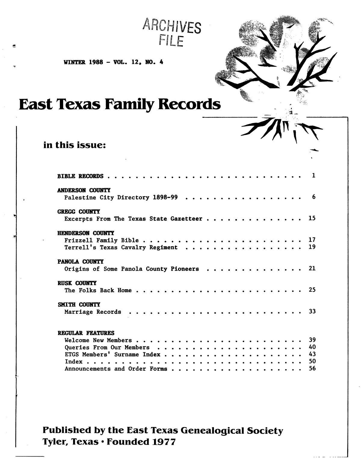East Texas Family Records, Volume 12, Number 4, Winter 1988
                                                
                                                    Front Cover
                                                