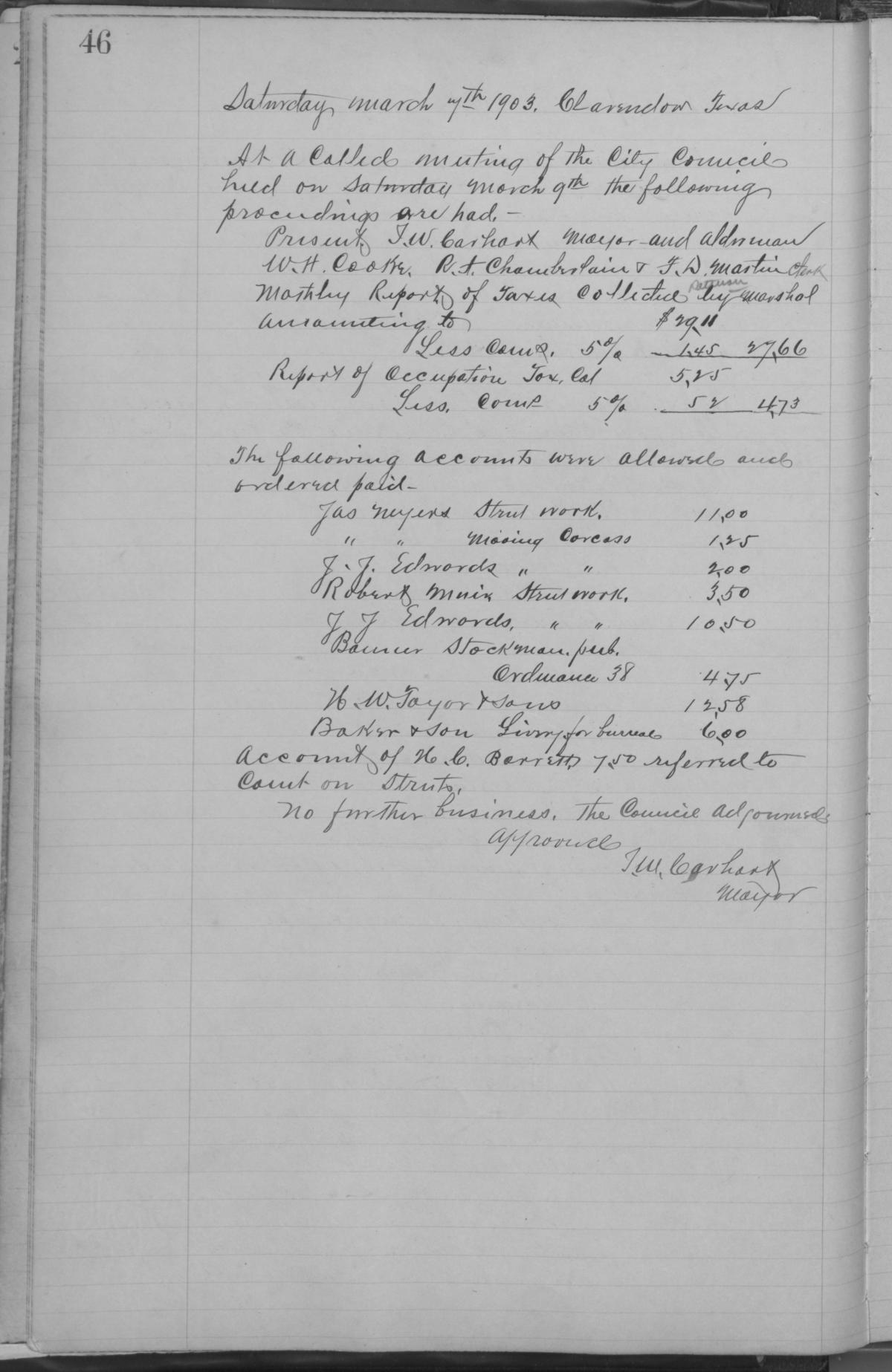 [City of Clarendon Ledger: Minutes for September 10, 1901- April 19, 1917]
                                                
                                                    46
                                                