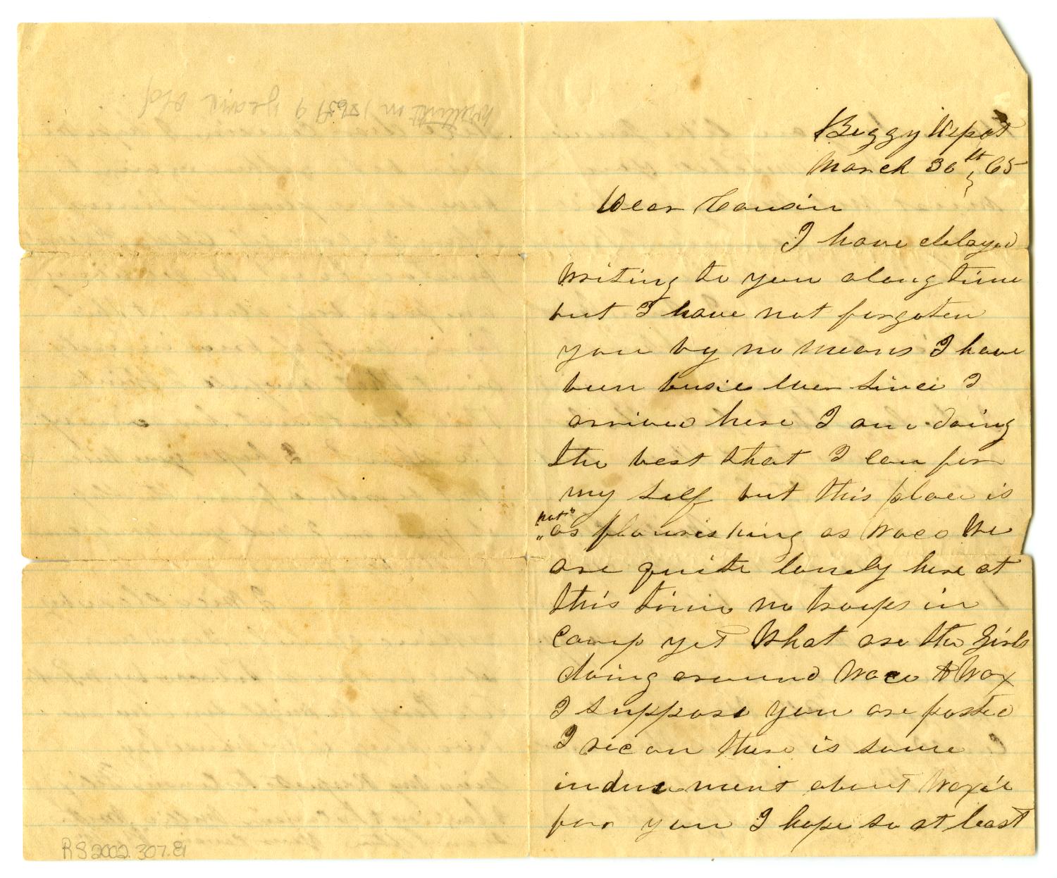 [Letter to Milton Parks from cousin, March 30 1865
                                                
                                                    [Sequence #]: 1 of 2
                                                