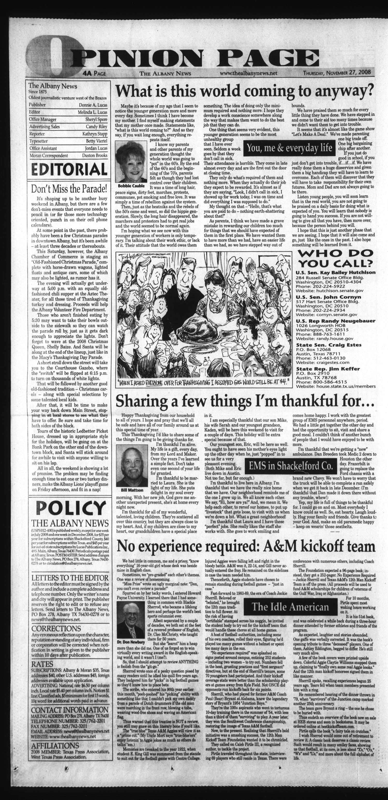 The Albany News (Albany, Tex.), Vol. 133, No. 27, Ed. 1 Thursday, November 27, 2008
                                                
                                                    [Sequence #]: 4 of 17
                                                