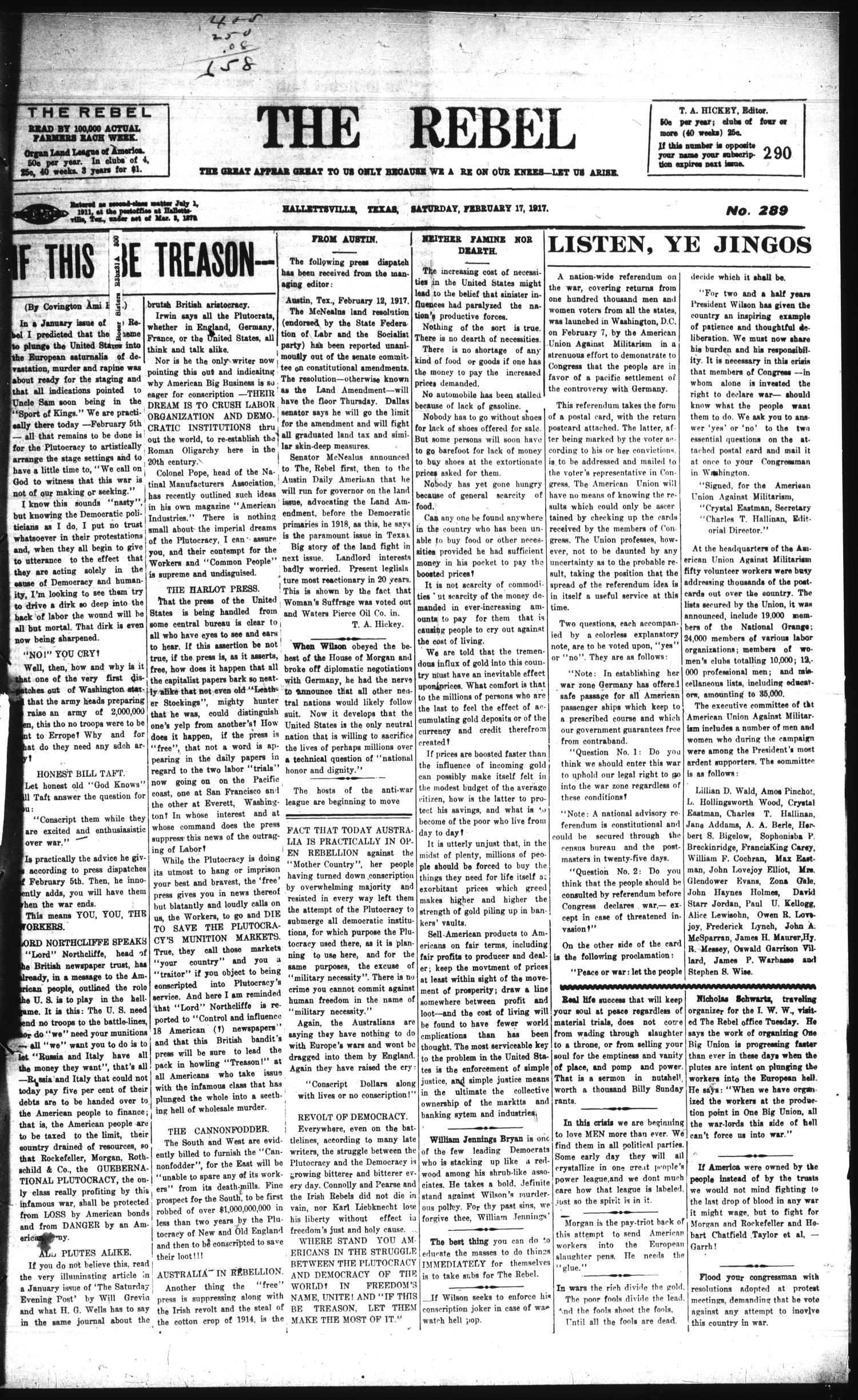 The Rebel (Hallettsville, Tex.), Vol. [6], No. 289, Ed. 1 Saturday, February 17, 1917
                                                
                                                    [Sequence #]: 1 of 4
                                                