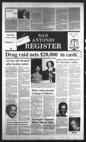Primary view of object titled 'San Antonio Register (San Antonio, Tex.), Vol. 60, No. 25, Ed. 1 Thursday, October 3, 1991'.