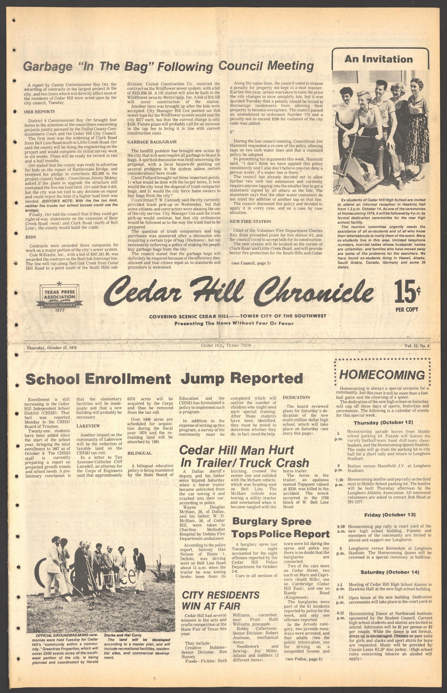 Cedar Hill Chronicle (Cedar Hill, Tex.), Vol. 15, No. 6, Ed. 1 Thursday, October 12, 1978
                                                
                                                    [Sequence #]: 1 of 26
                                                