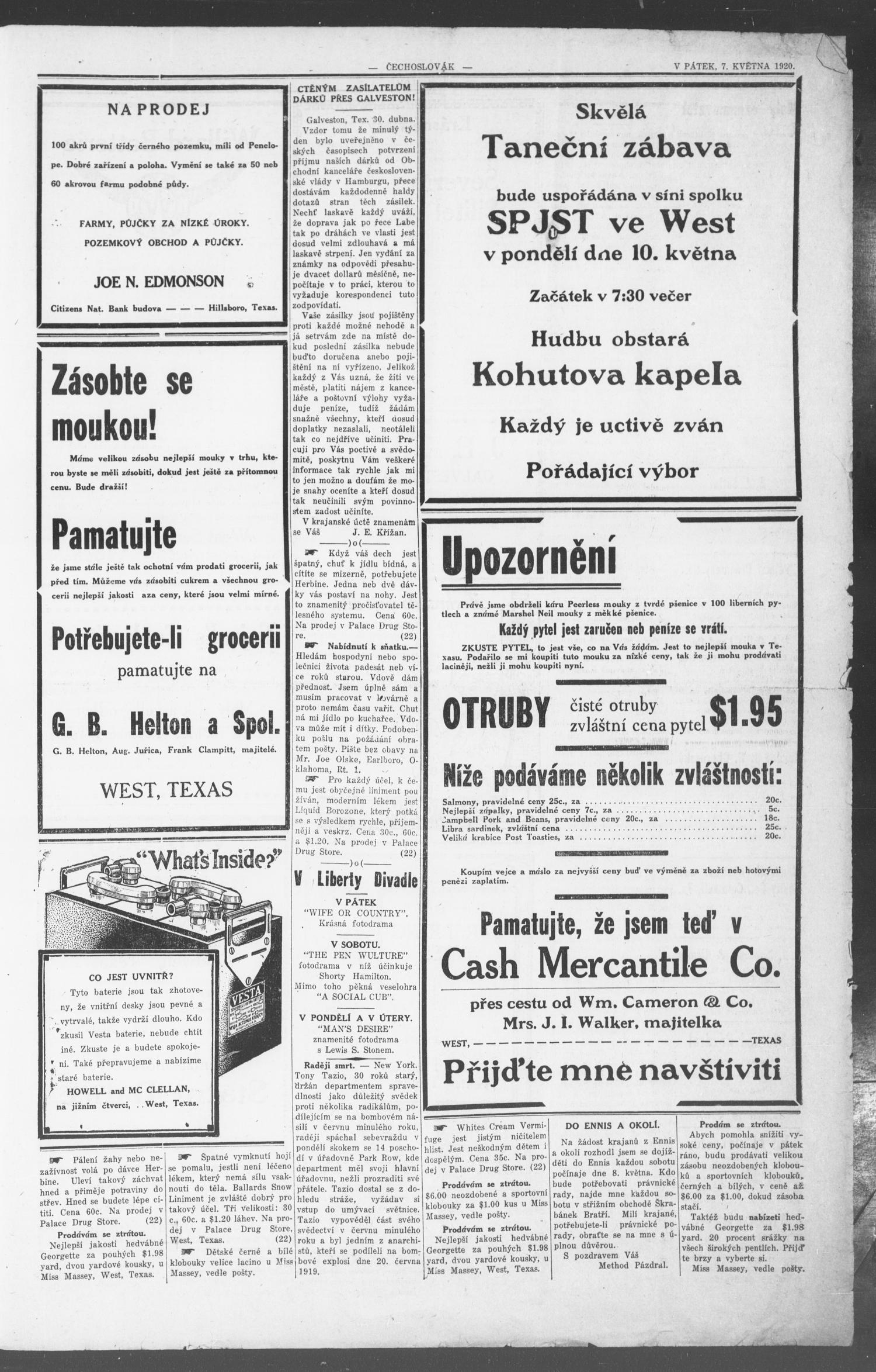 Čechoslovák and Westske Noviny (West, Tex.), Vol. 9, No. 19, Ed. 1 Friday, May 7, 1920
                                                
                                                    [Sequence #]: 7 of 12
                                                