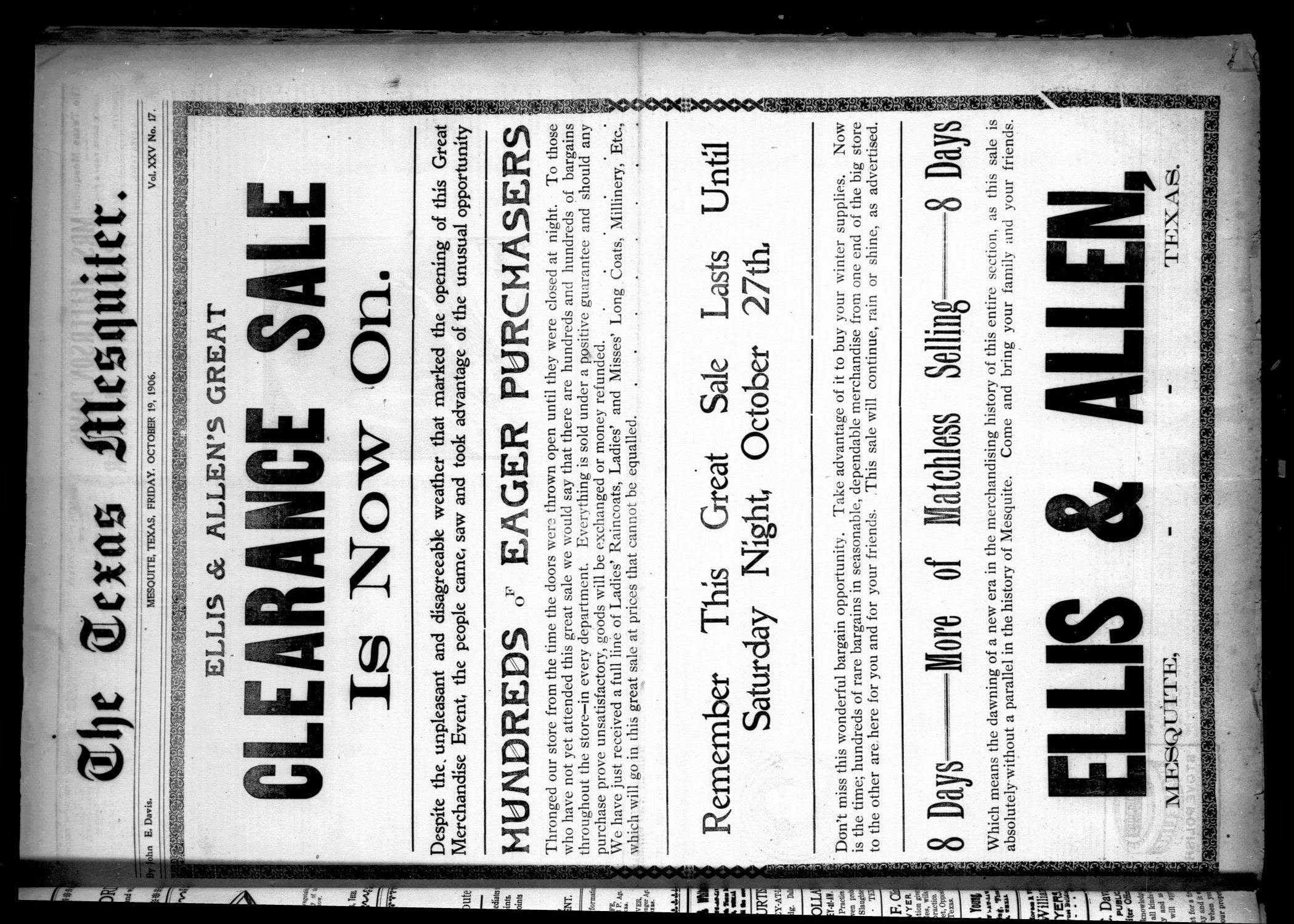 The Texas Mesquiter. (Mesquite, Tex.), Vol. 25, No. 17, Ed. 1 Friday, October 19, 1906
                                                
                                                    [Sequence #]: 1 of 10
                                                