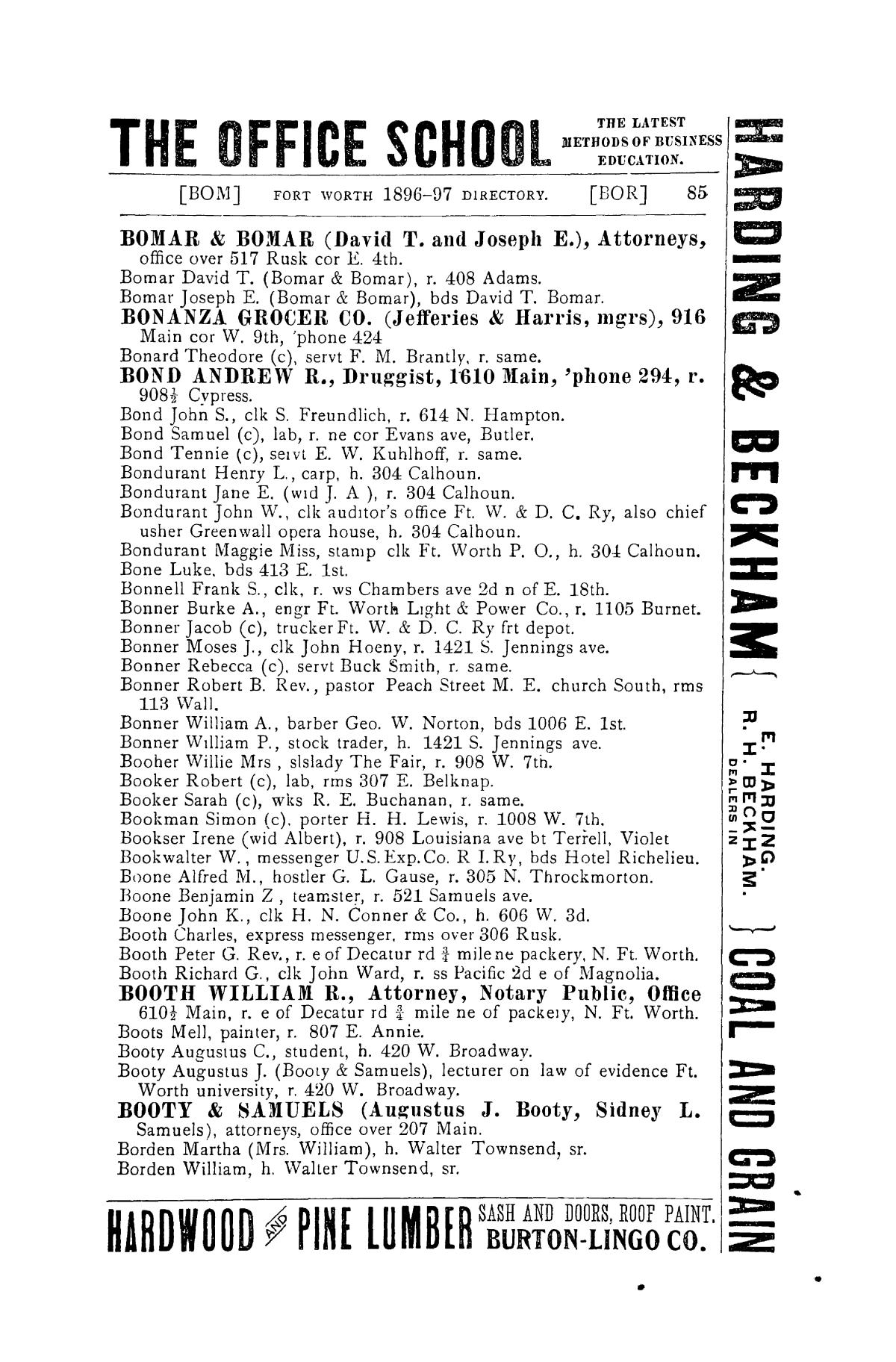 Morrison & Fourmy's general directory of the City of Fort Worth, 1896 - 1897
                                                
                                                    85
                                                