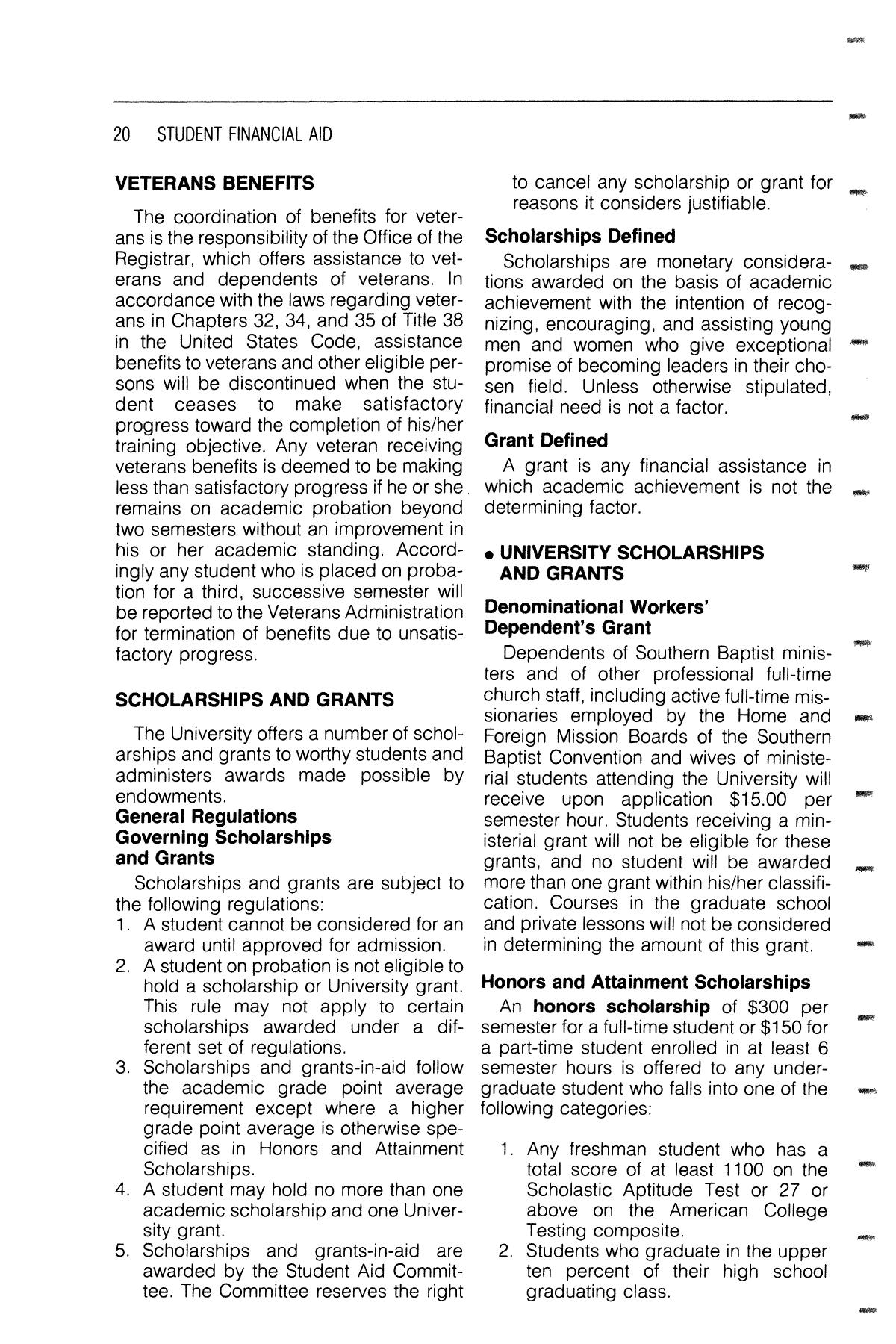 Catalog of Hardin-Simmons University, 1985-1986 Undergraduate Bulletin
                                                
                                                    20
                                                