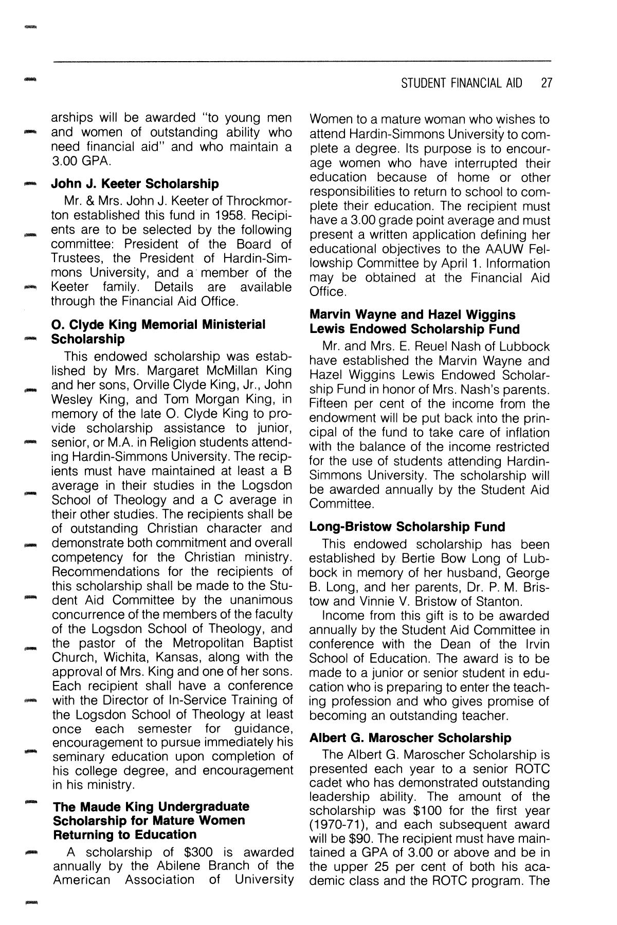 Catalog of Hardin-Simmons University, 1985-1986 Undergraduate Bulletin
                                                
                                                    27
                                                