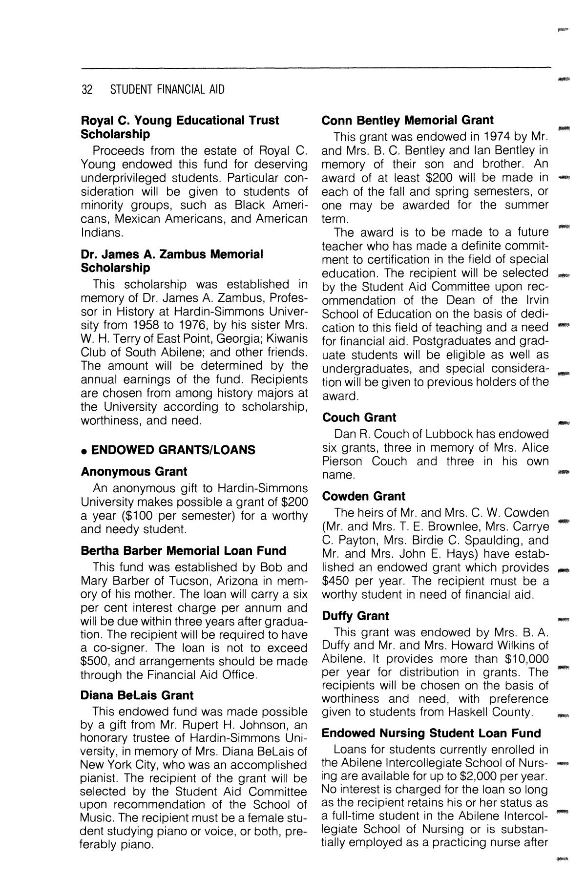 Catalog of Hardin-Simmons University, 1985-1986 Undergraduate Bulletin
                                                
                                                    32
                                                