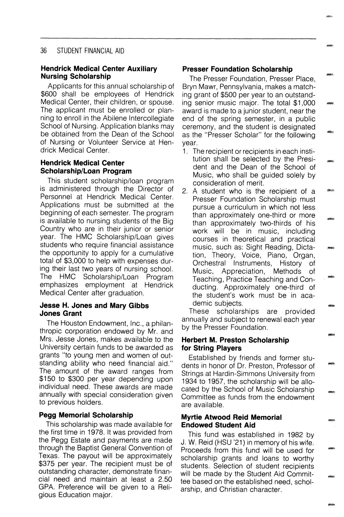 Catalog of Hardin-Simmons University, 1985-1986 Undergraduate Bulletin
                                                
                                                    36
                                                