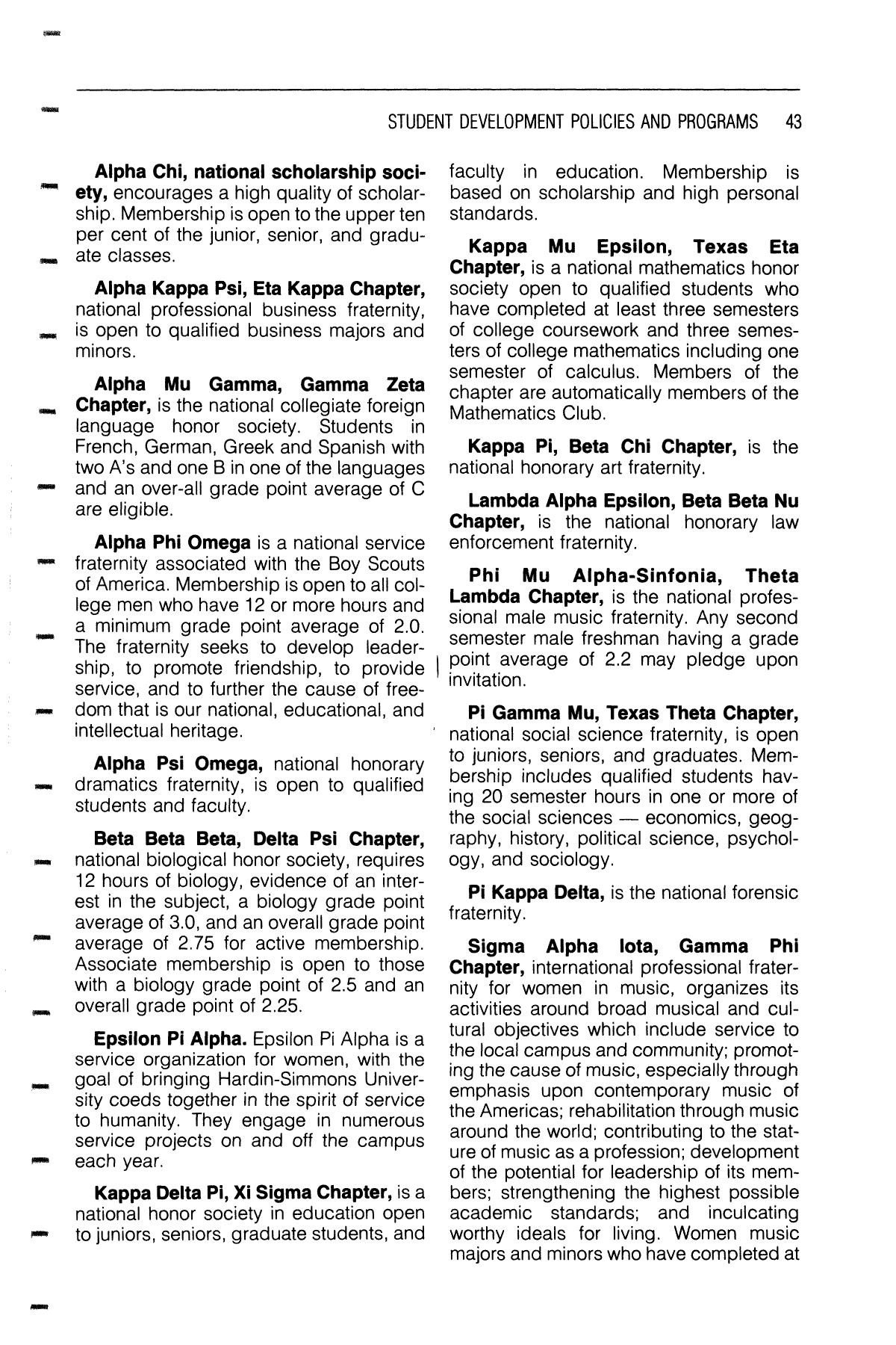 Catalog of Hardin-Simmons University, 1985-1986 Undergraduate Bulletin
                                                
                                                    43
                                                