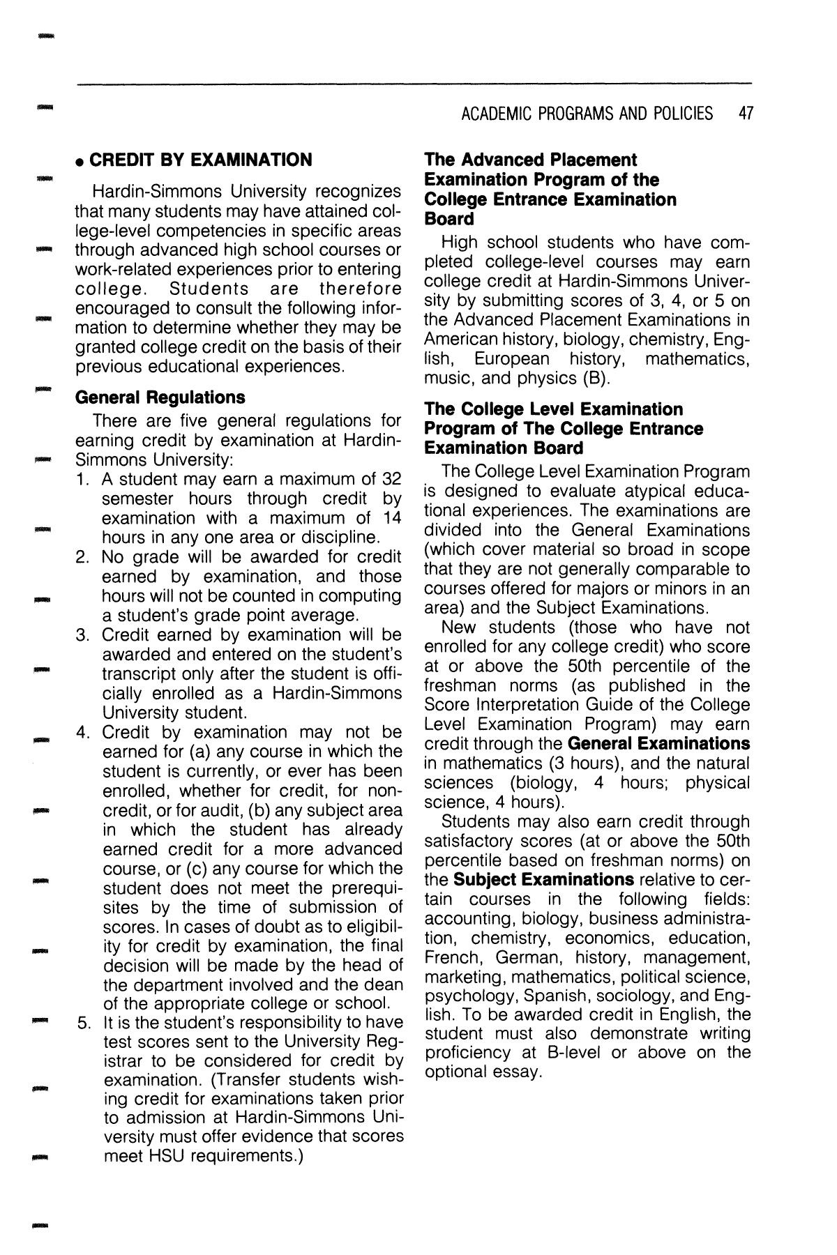 Catalog of Hardin-Simmons University, 1985-1986 Undergraduate Bulletin
                                                
                                                    47
                                                