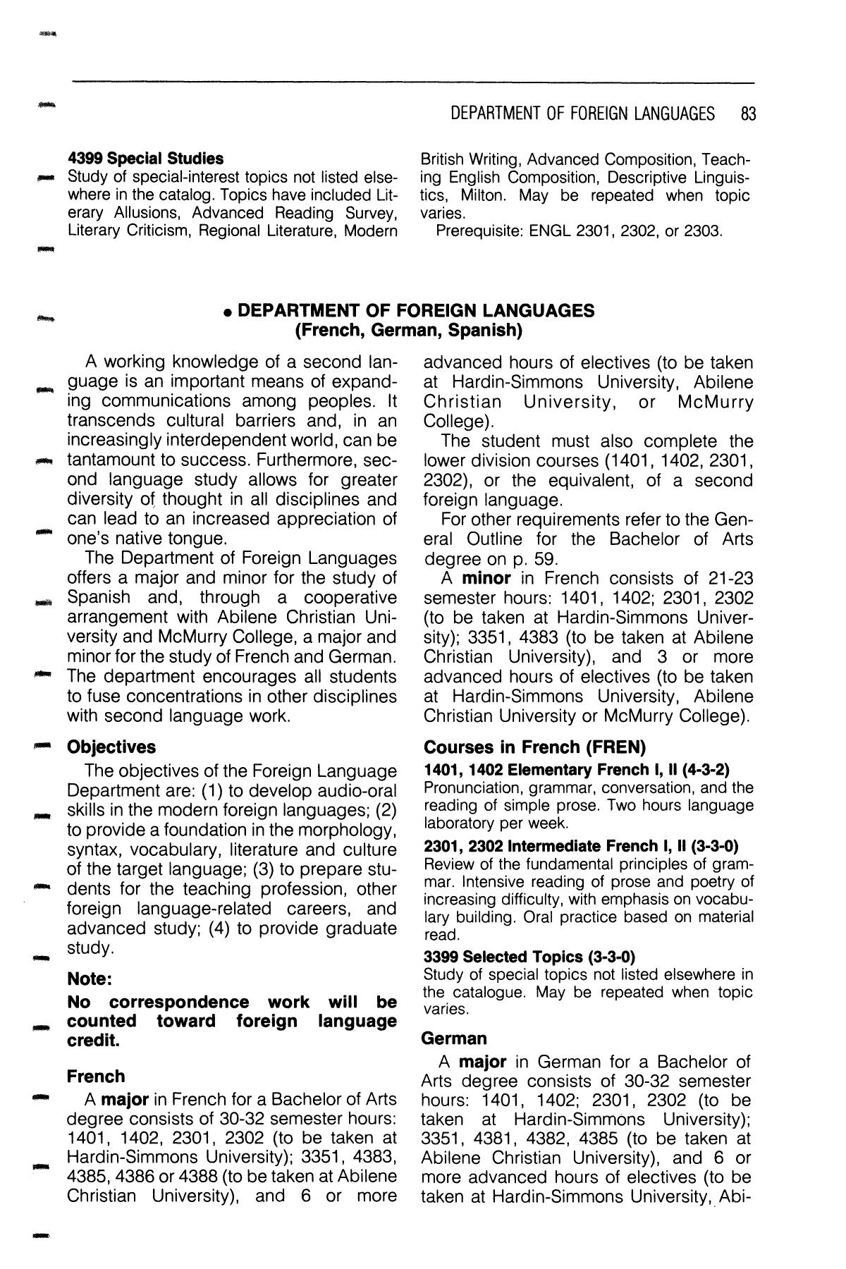 Catalog of Hardin-Simmons University, 1985-1986 Undergraduate Bulletin
                                                
                                                    83
                                                