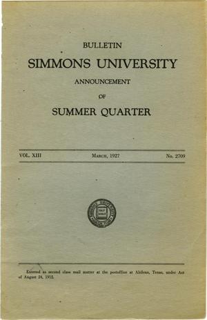 Primary view of object titled 'Catalogue of Simmons University, 1927 Summer Session'.