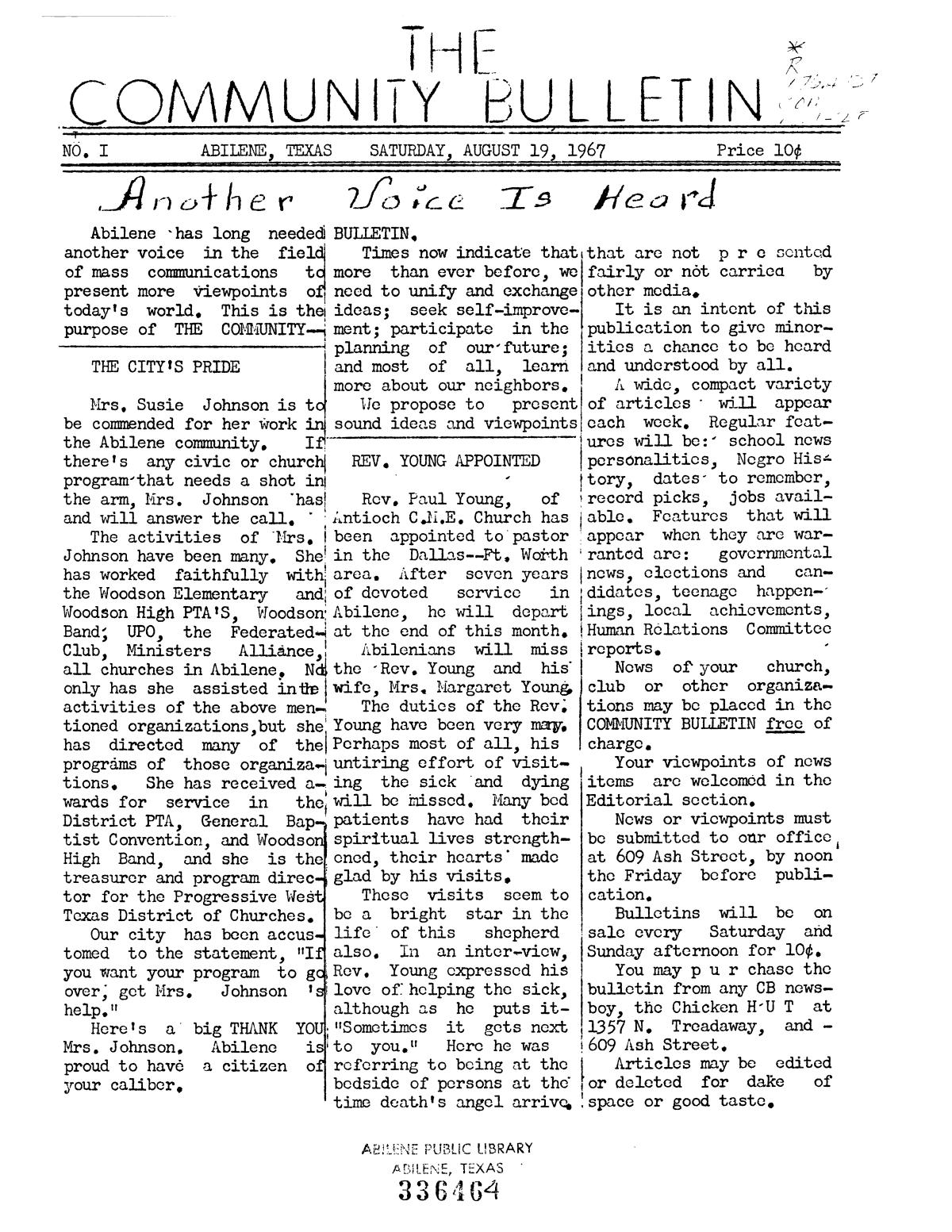 The Community Bulletin (Abilene, Texas), No. 1, Saturday, August 19, 1967
                                                
                                                    1
                                                