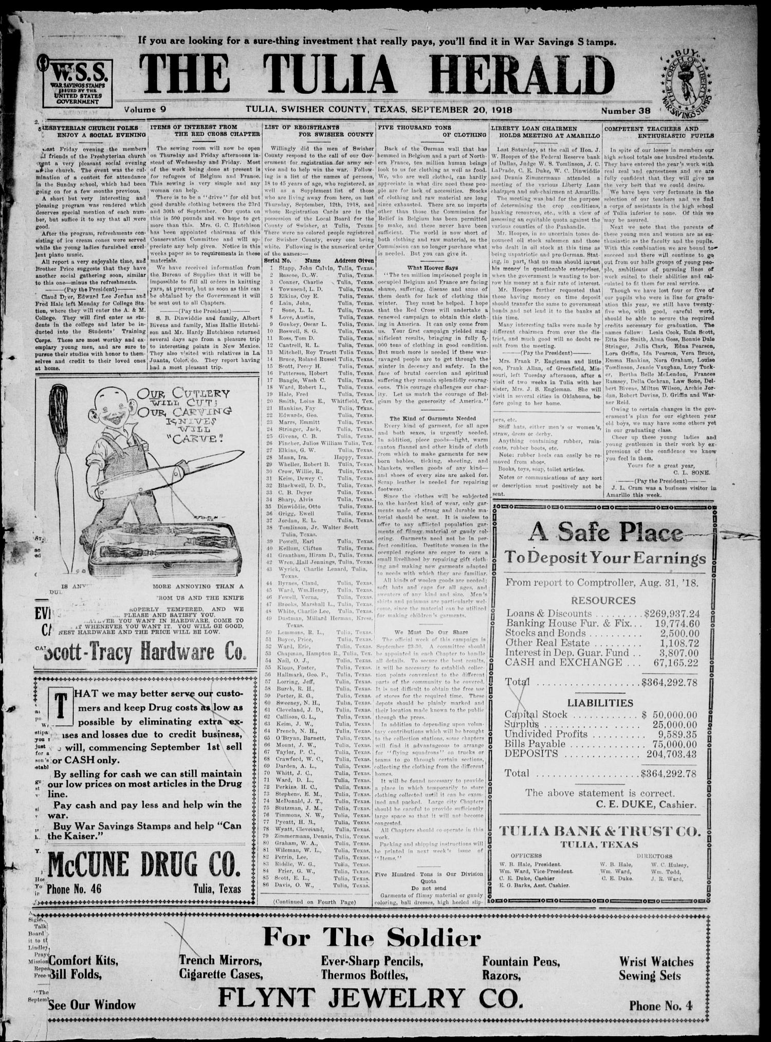 The Tulia Herald (Tulia, Tex), Vol. 9, No. 38, Ed. 1, Friday, September 20, 1918
                                                
                                                    1
                                                