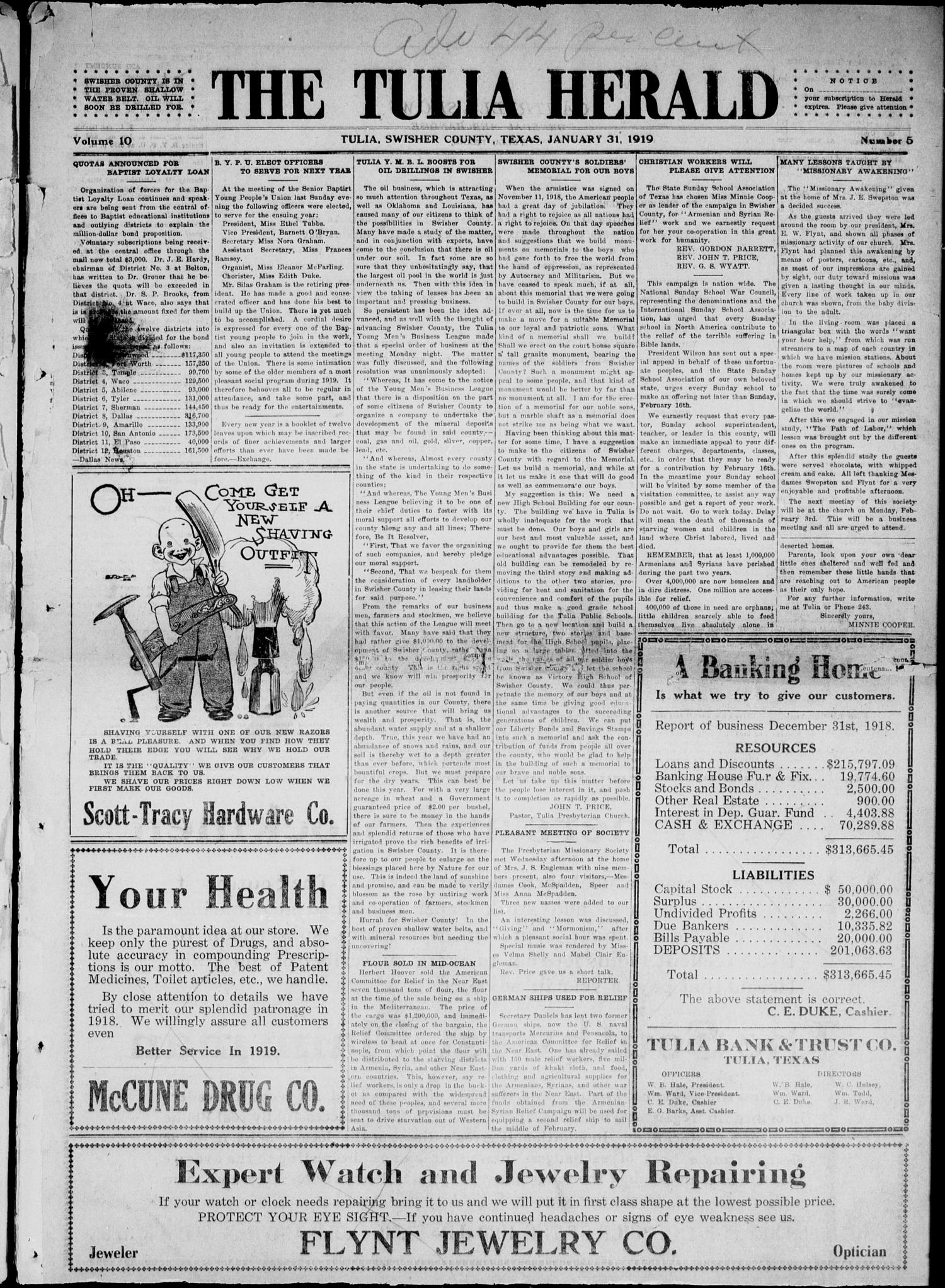 The Tulia Herald (Tulia, Tex), Vol. 10, No. 5, Ed. 1, Friday, January 31, 1919
                                                
                                                    9
                                                