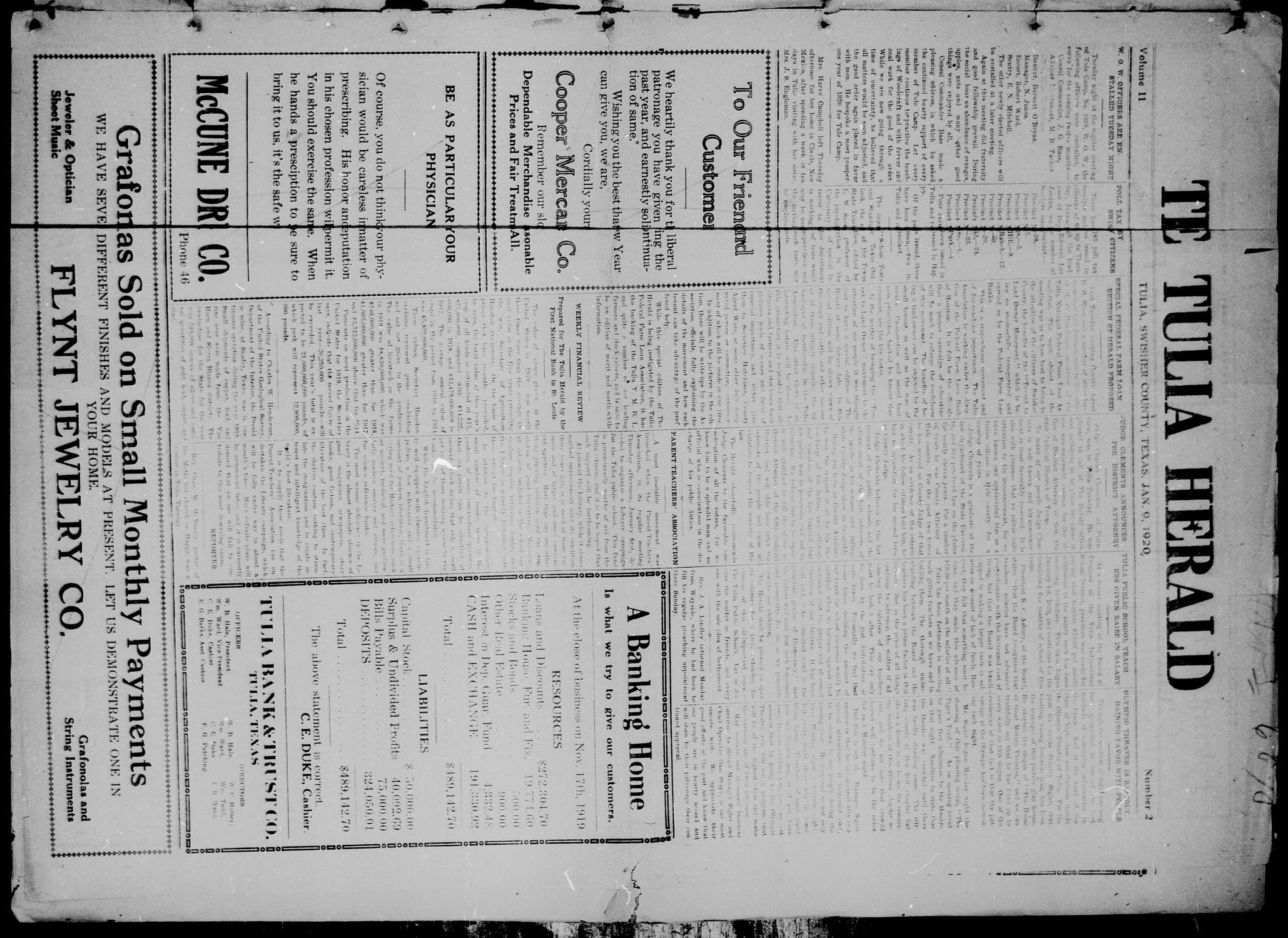 The Tulia Herald (Tulia, Tex), Vol. 11, No. 2, Ed. 1, Friday, January 9, 1920
                                                
                                                    1
                                                