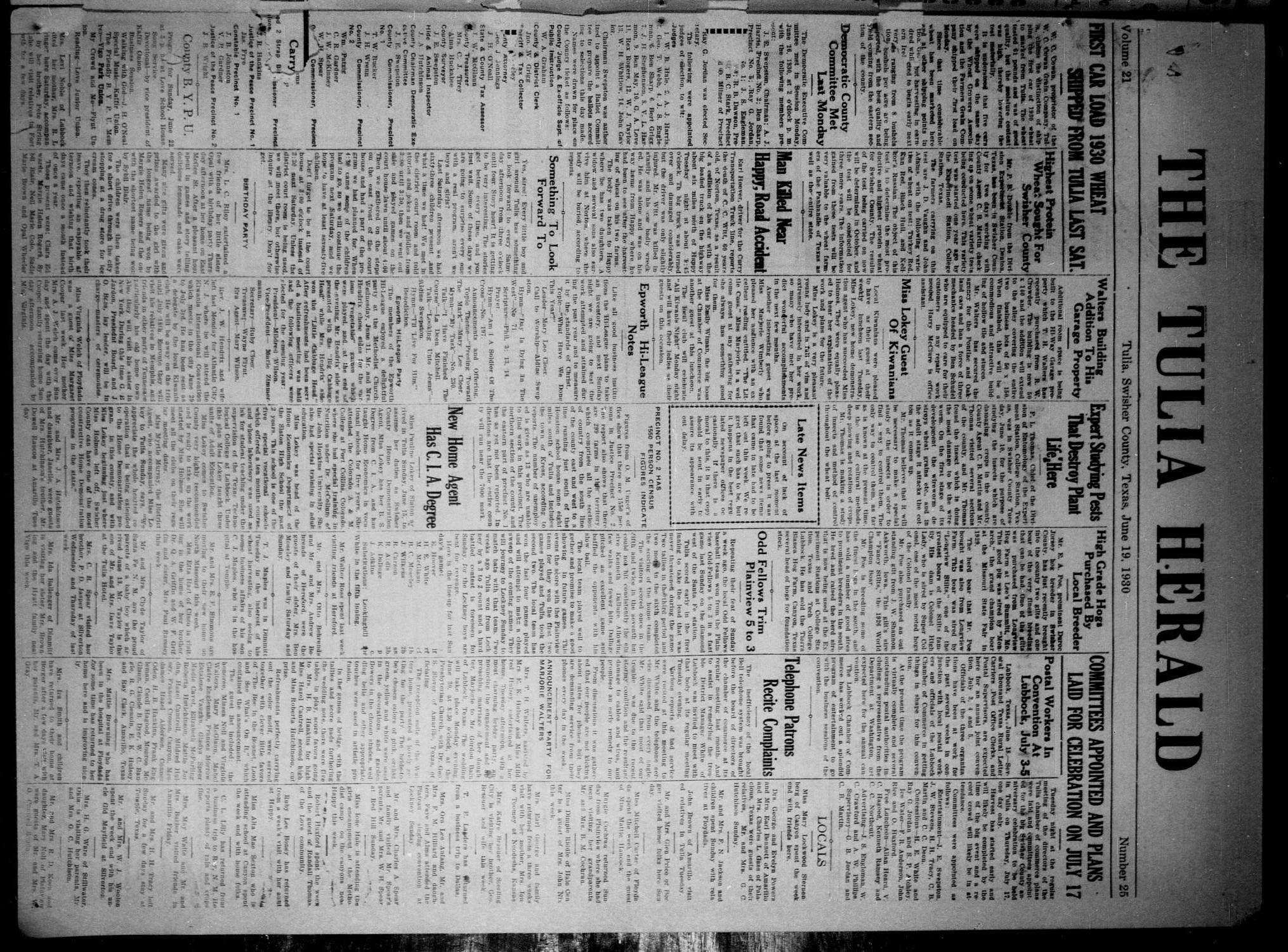 The Tulia Herald (Tulia, Tex), Vol. 21, No. 25, Ed. 1, Thursday, June 19, 1930
                                                
                                                    1
                                                