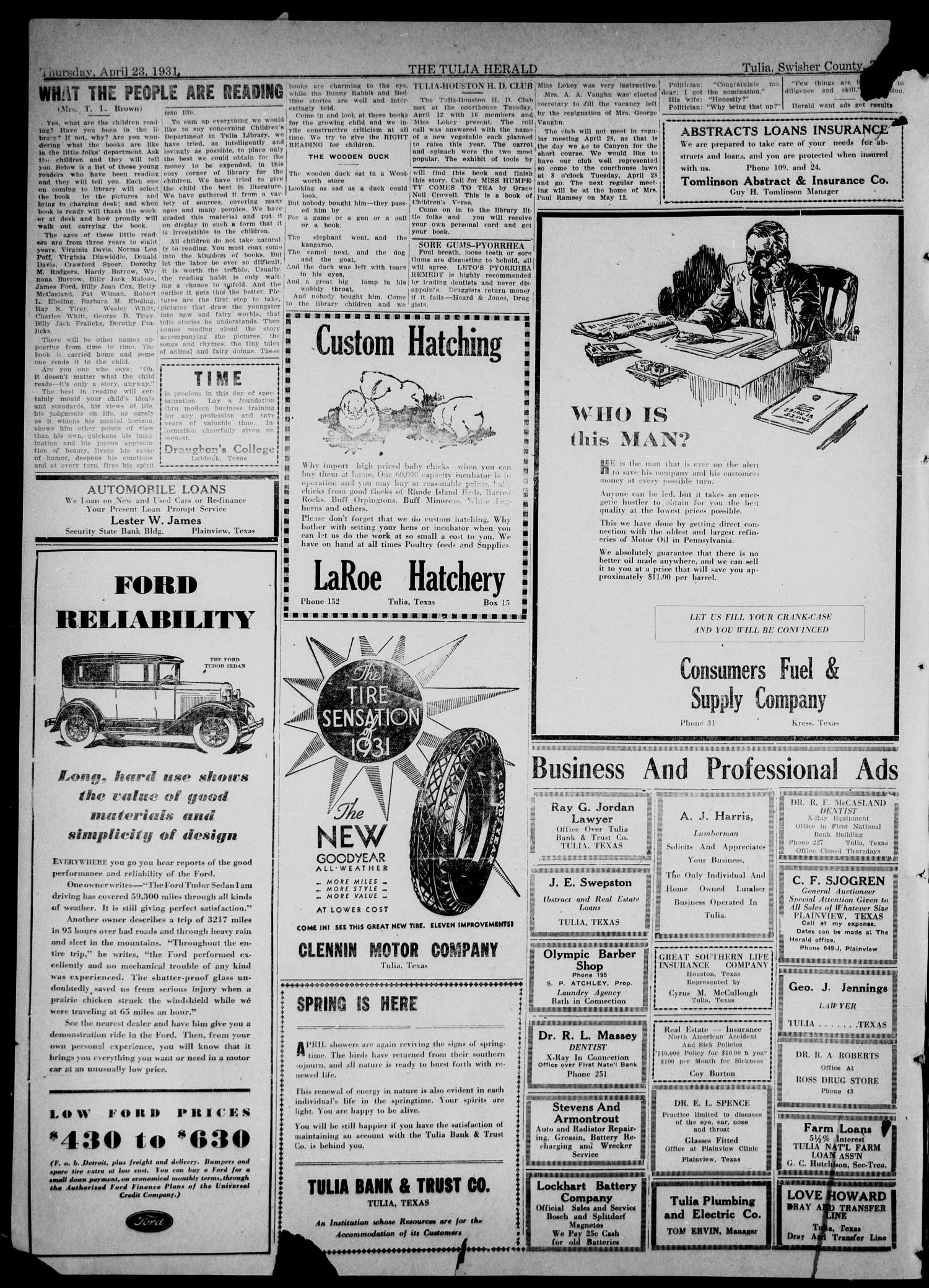 The Tulia Herald (Tulia, Tex), Vol. 22, No. 17, Ed. 1, Thursday, April 23, 1931
                                                
                                                    2
                                                