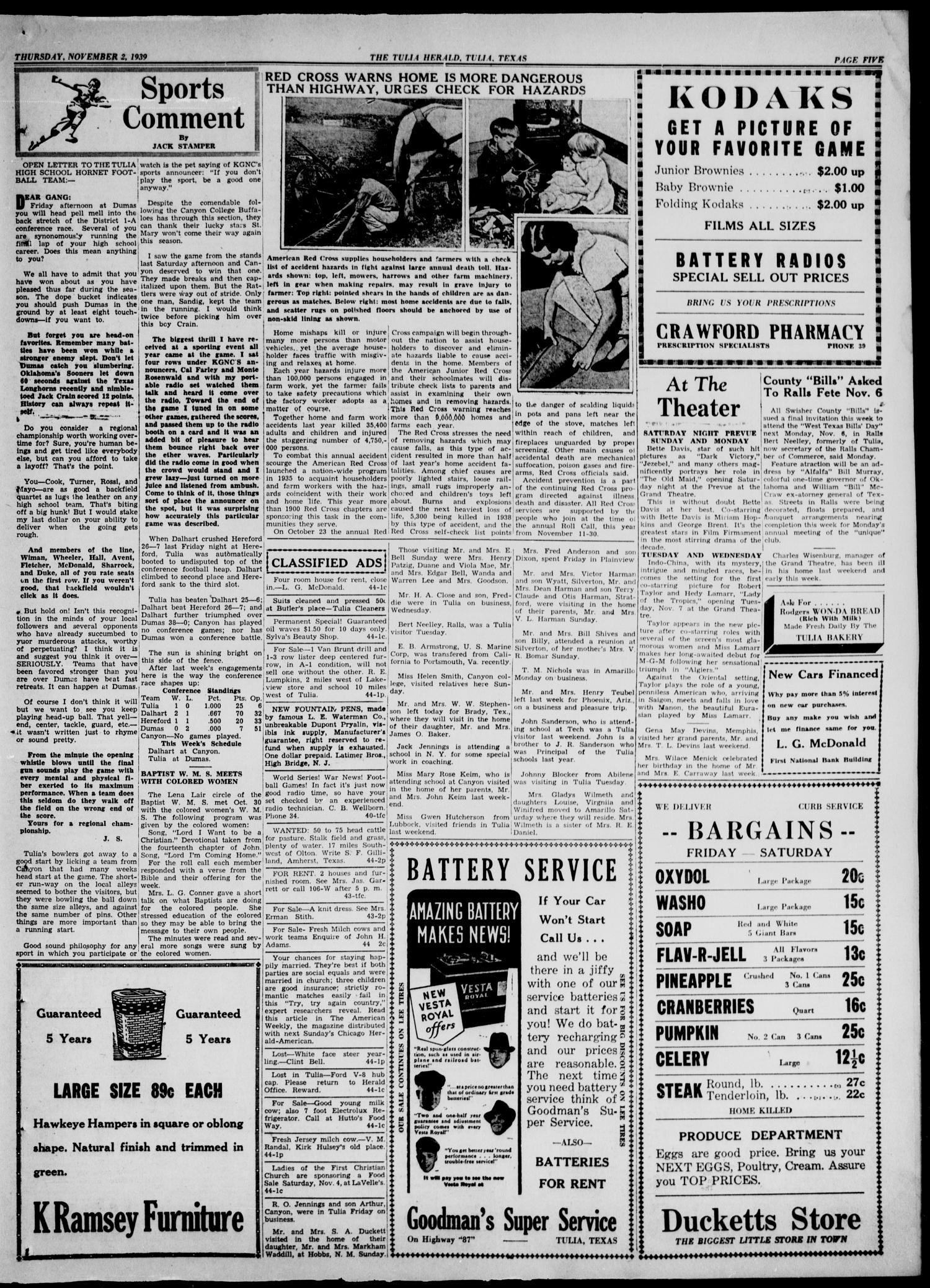 The Tulia Herald (Tulia, Tex), Vol. 30, No. 44, Ed. 1, Thursday, November 2, 1939
                                                
                                                    5
                                                