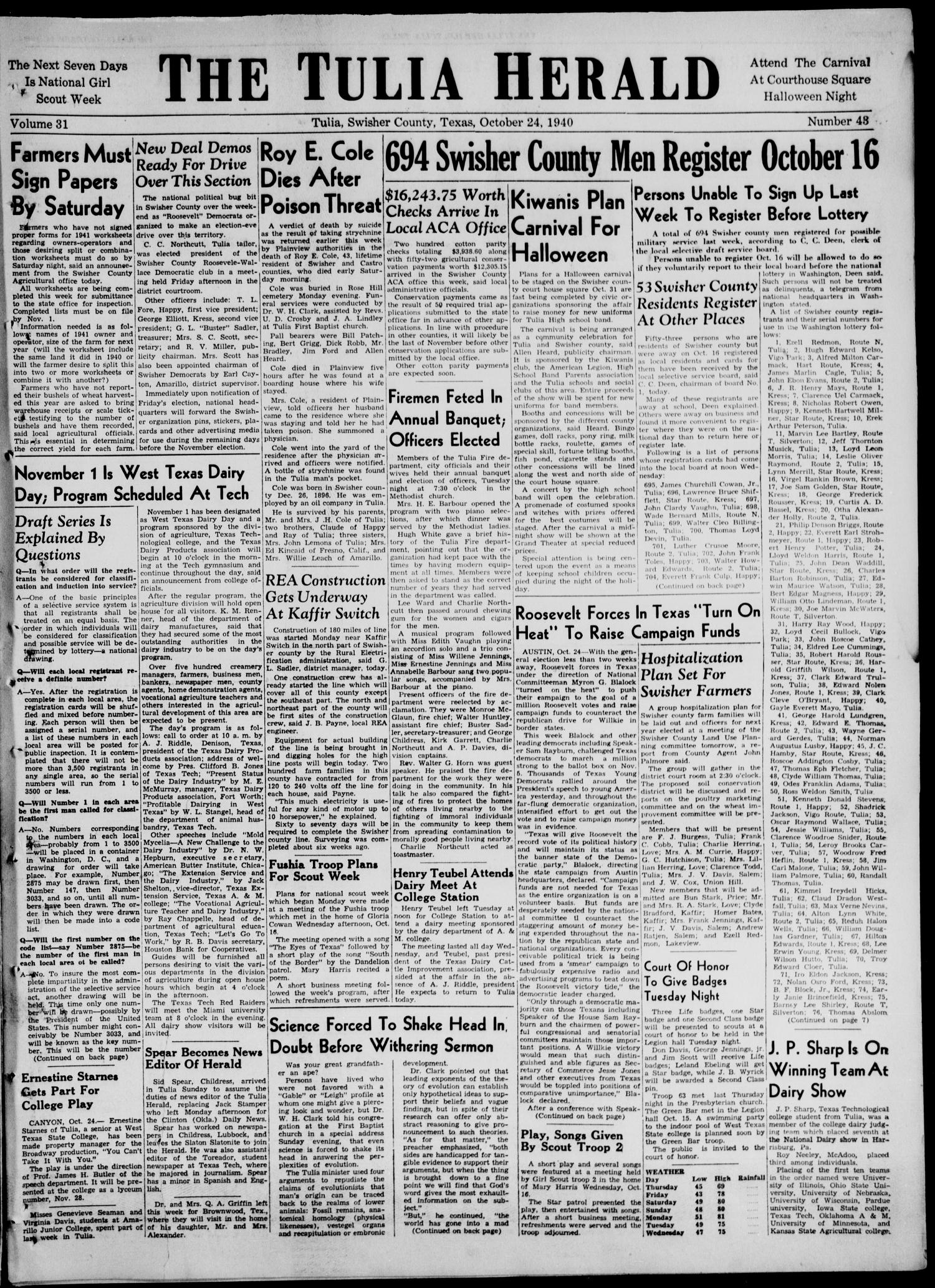 The Tulia Herald (Tulia, Tex), Vol. 31, No. 43, Ed. 1, Thursday, October 24, 1940
                                                
                                                    13
                                                