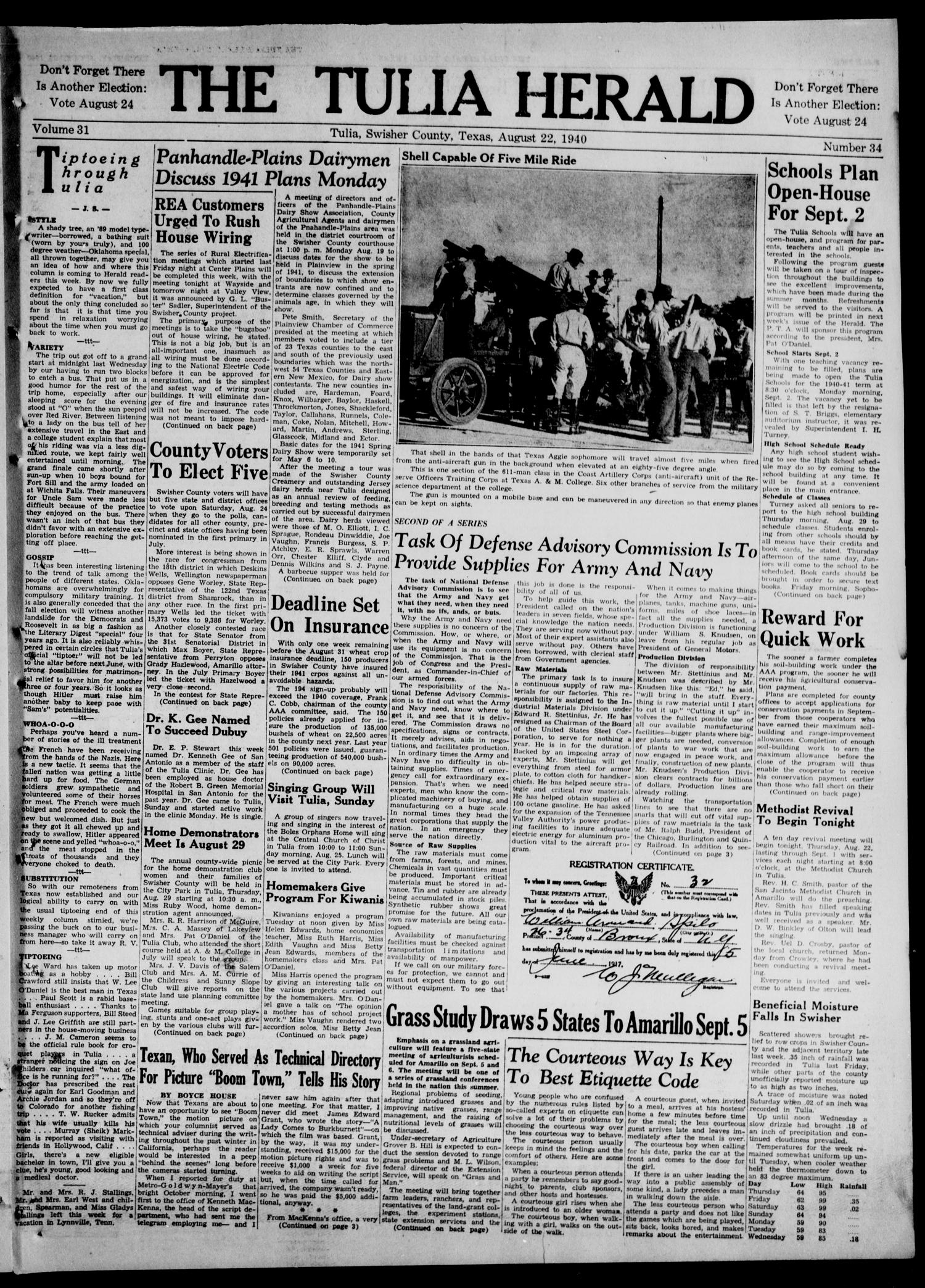 The Tulia Herald (Tulia, Tex), Vol. 31, No. 34, Ed. 1, Thursday, August 22, 1940
                                                
                                                    9
                                                