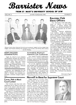 Primary view of object titled 'Barrister News, Volume 4, Number 2, Spring Semester, 1956'.