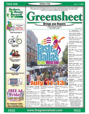 Primary view of object titled 'The Greensheet (Dallas, Tex.), Vol. 32, No. 85, Ed. 1 Wednesday, July 2, 2008'.