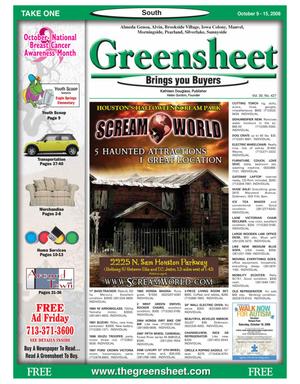 Primary view of object titled 'Greensheet (Houston, Tex.), Vol. 39, No. 427, Ed. 1 Thursday, October 9, 2008'.