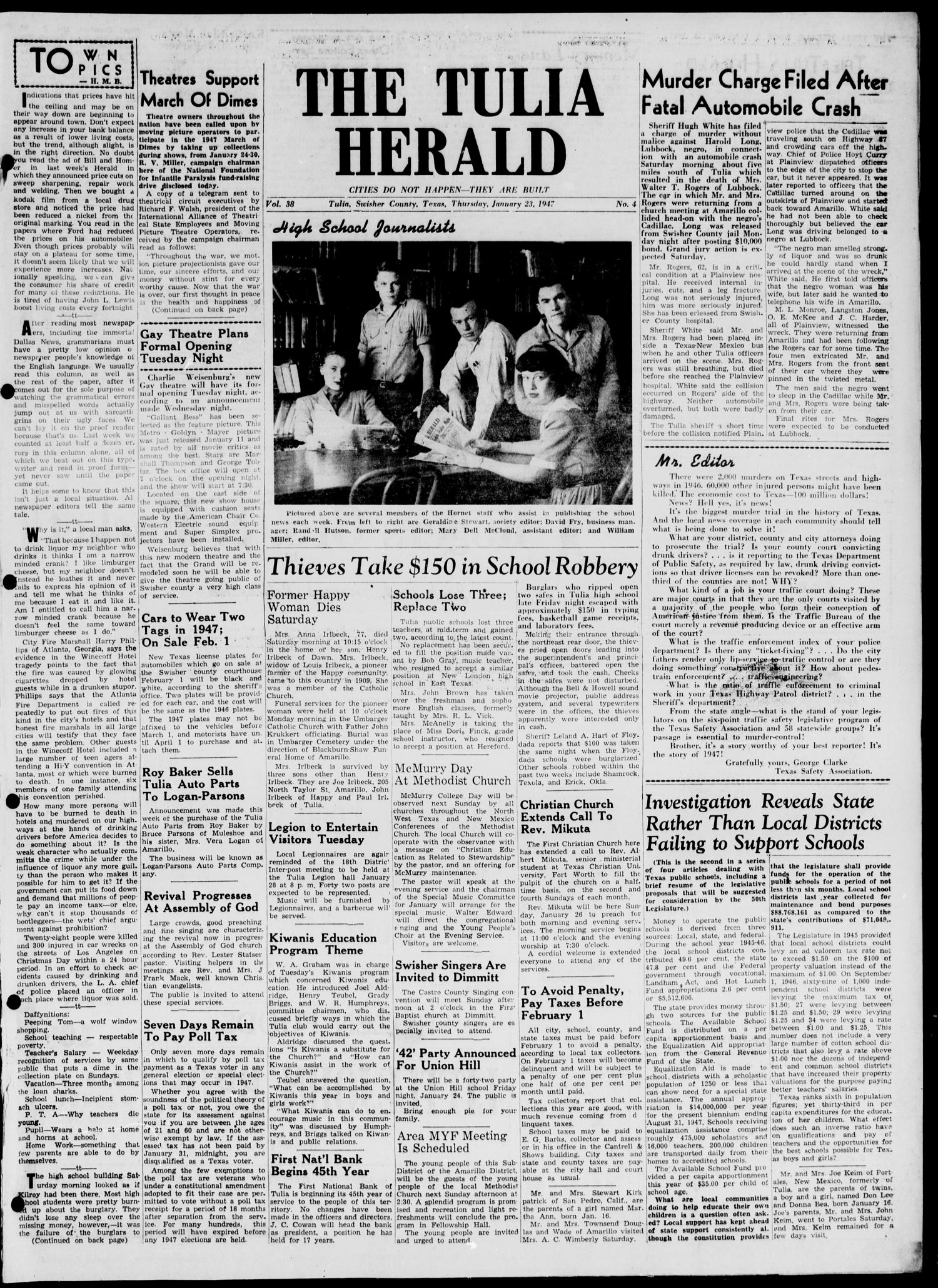 The Tulia Herald (Tulia, Tex), Vol. 38, No. 4, Ed. 1, Thursday, January 23, 1947
                                                
                                                    1
                                                