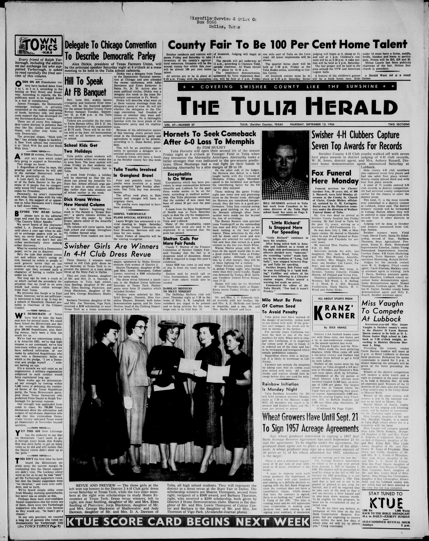 The Tulia Herald (Tulia, Tex), Vol. 47, No. 37, Ed. 1, Thursday, September 13, 1956
                                                
                                                    1
                                                