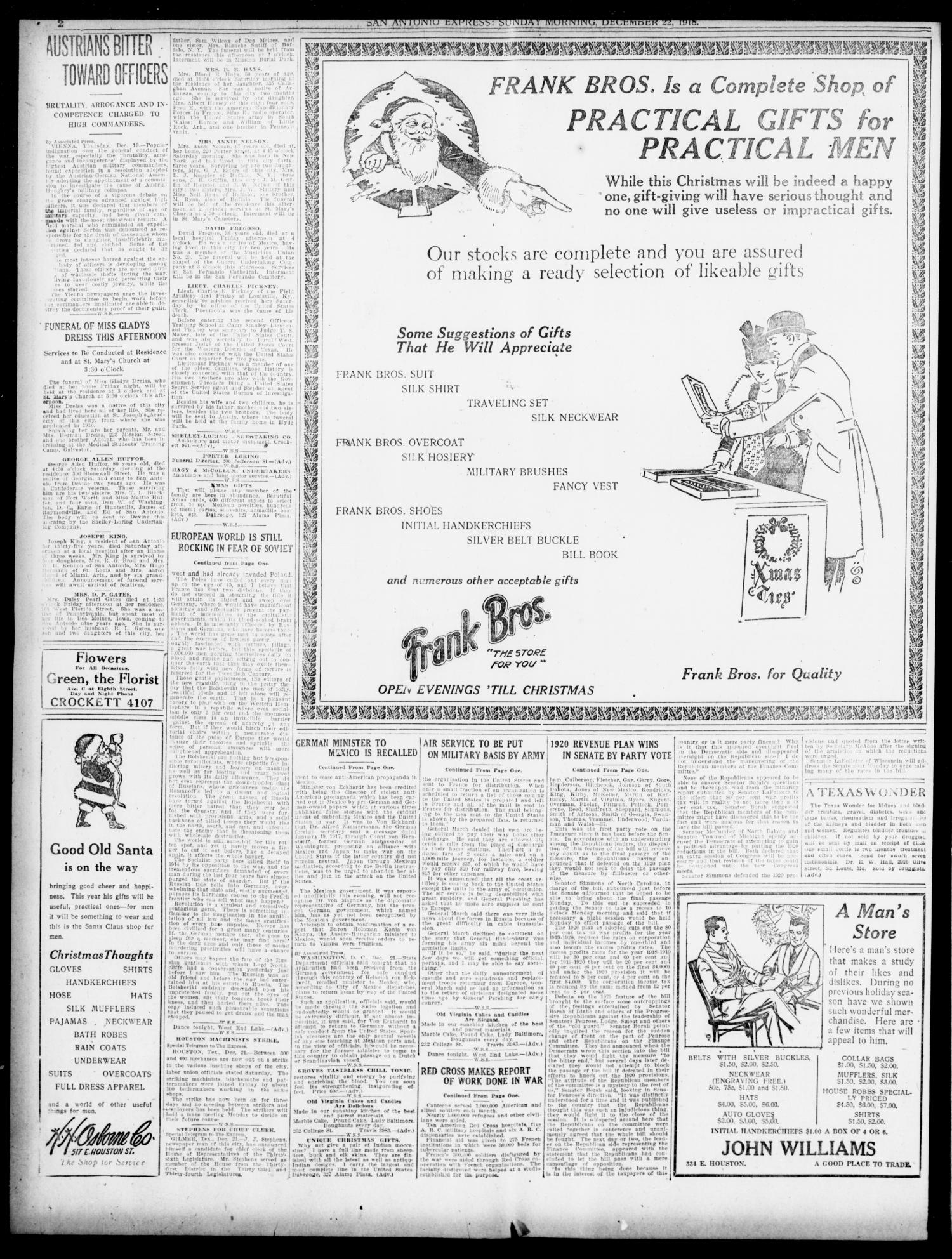 San Antonio Express. (San Antonio, Tex.), Vol. 53, No. 356, Ed. 1 Sunday, December 22, 1918
                                                
                                                    [Sequence #]: 2 of 85
                                                