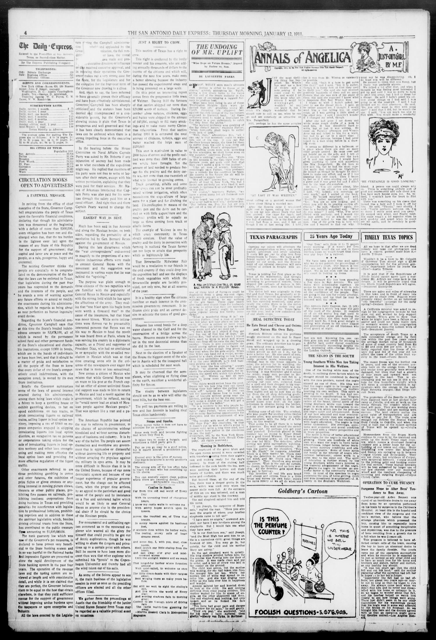 The Daily Express. (San Antonio, Tex.), Vol. 46, No. 12, Ed. 1 Thursday, January 12, 1911
                                                
                                                    [Sequence #]: 4 of 18
                                                