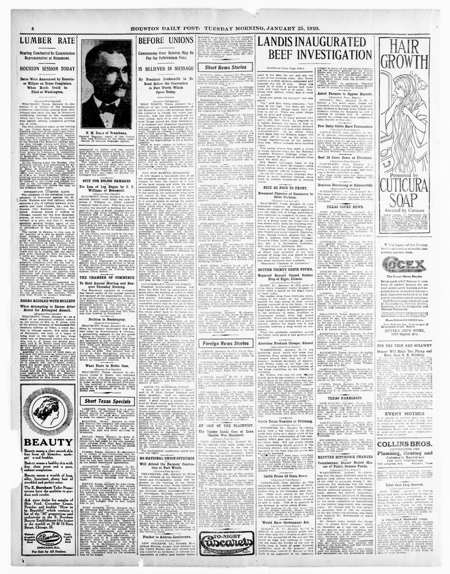 The Houston Post. (Houston, Tex.), Vol. 25TH YEAR, Ed. 1 Tuesday, January 25, 1910
                                                
                                                    [Sequence #]: 4 of 16
                                                