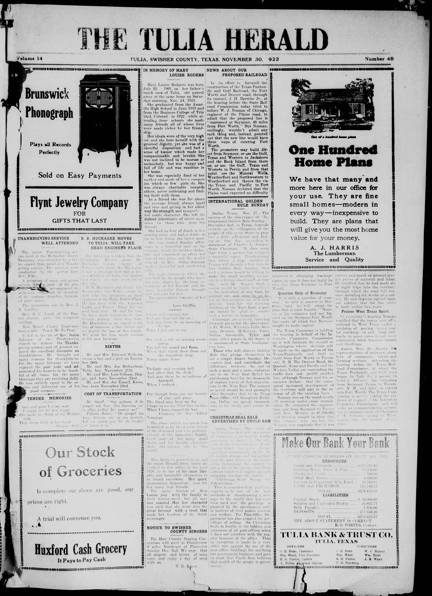 The Tulia Herald (Tulia, Tex), Vol. 14, No. 48, Ed. 1, Friday, November 30, 1923
                                                
                                                    9
                                                