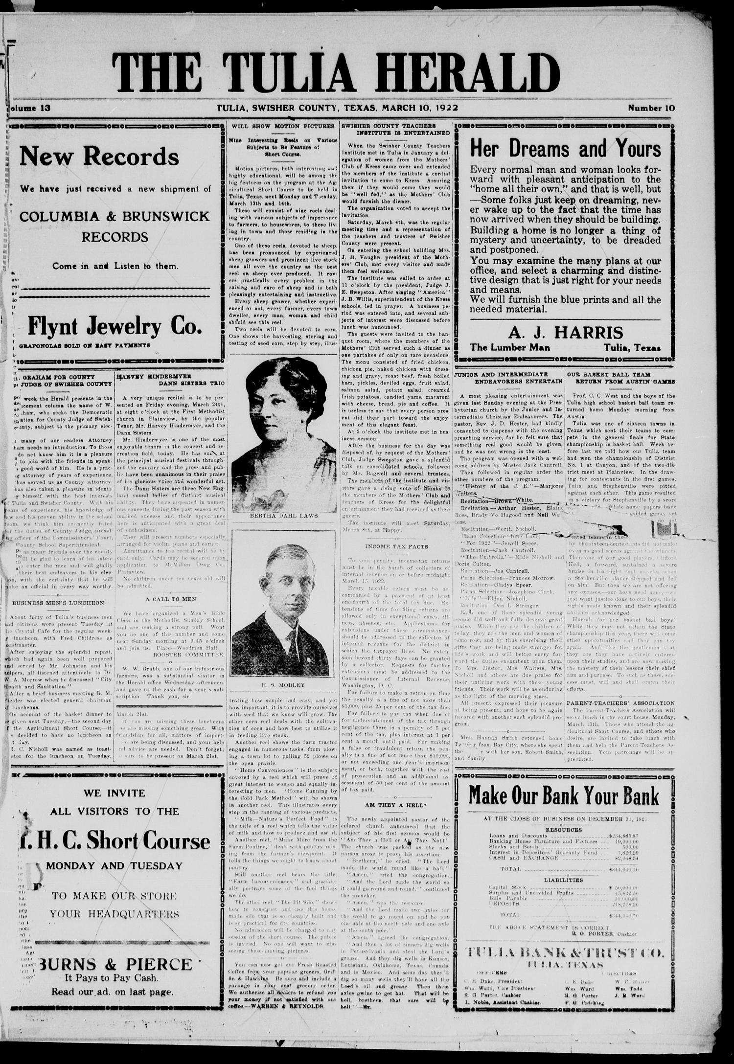 The Tulia Herald (Tulia, Tex), Vol. 13, No. 10, Ed. 1, Friday, March 10, 1922
                                                
                                                    1
                                                
