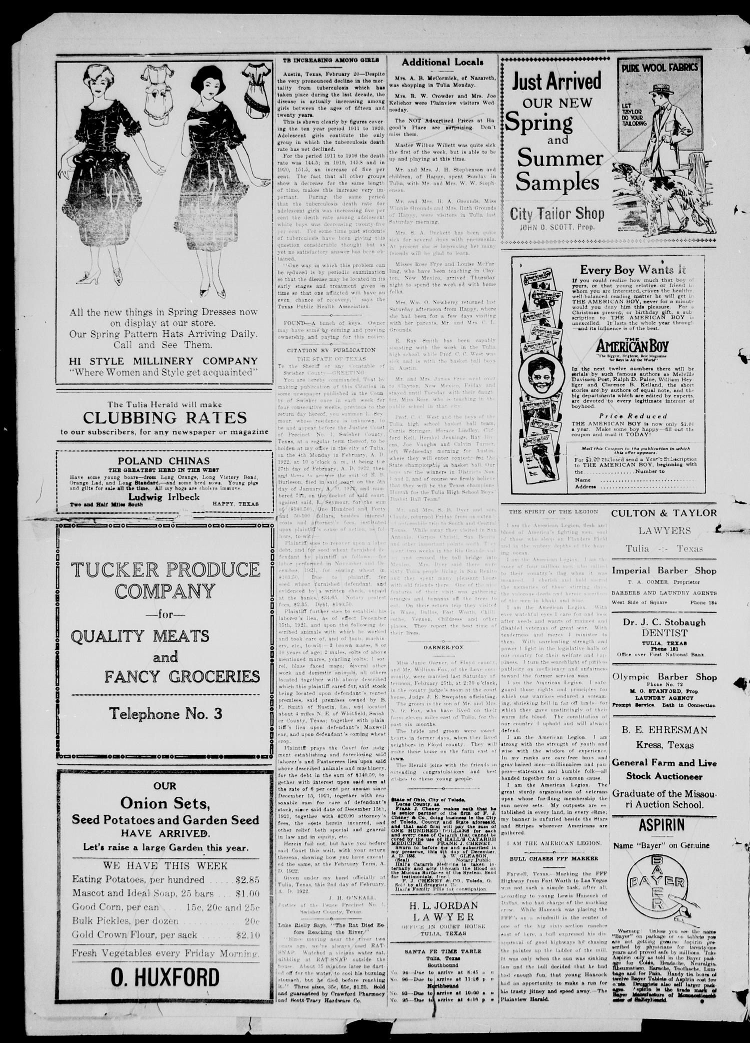 The Tulia Herald (Tulia, Tex), Vol. 13, No. 9, Ed. 1, Friday, March 3, 1922
                                                
                                                    6
                                                