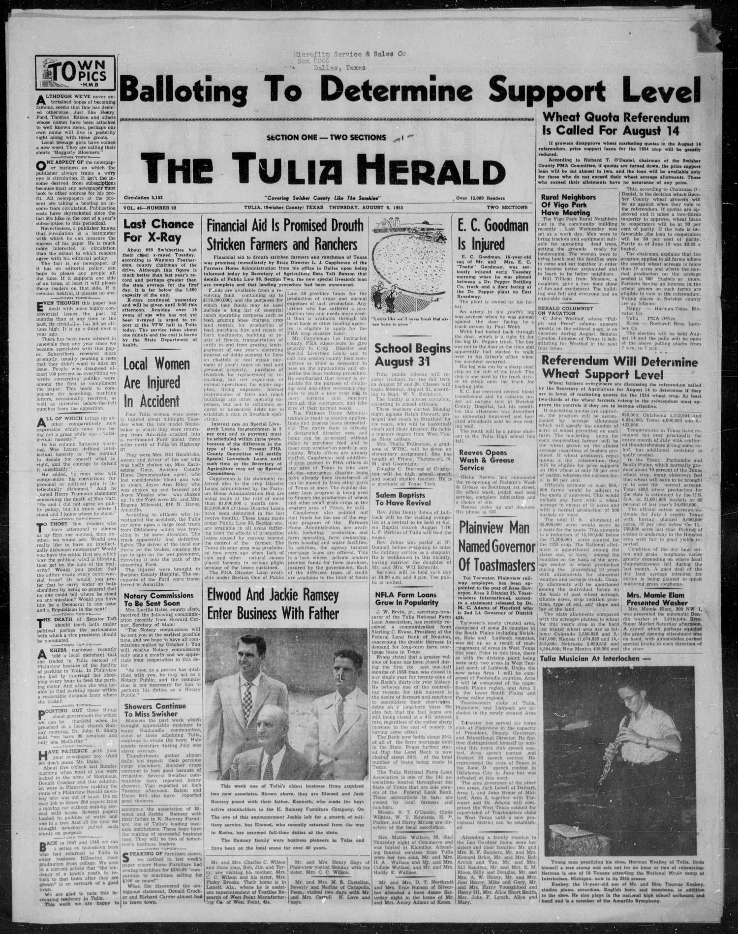 The Tulia Herald (Tulia, Tex), Vol. 46, No. 32, Ed. 1, Thursday, August 6, 1953
                                                
                                                    1
                                                