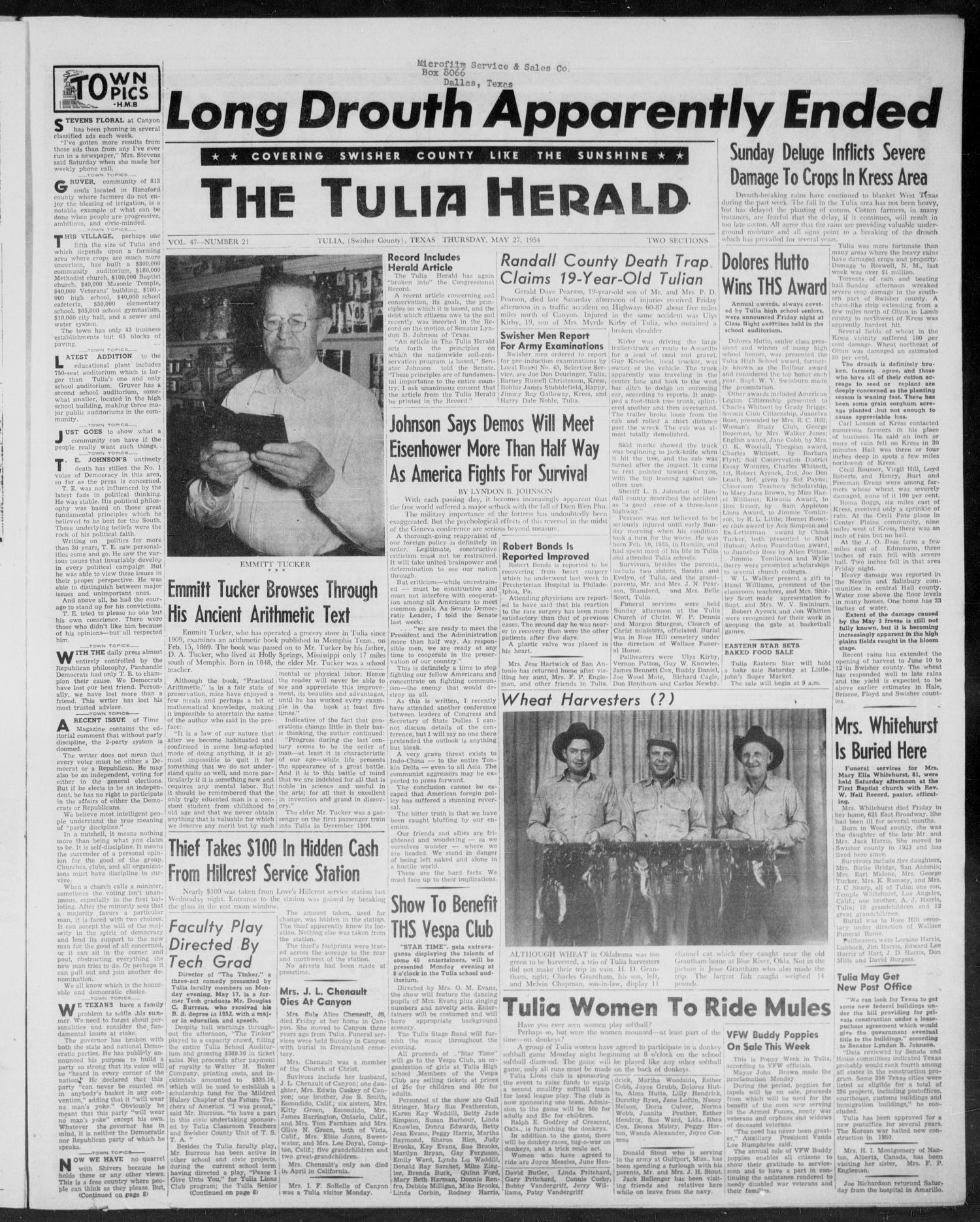 The Tulia Herald (Tulia, Tex), Vol. 47, No. 21, Ed. 1, Thursday, May 27, 1954
                                                
                                                    1
                                                