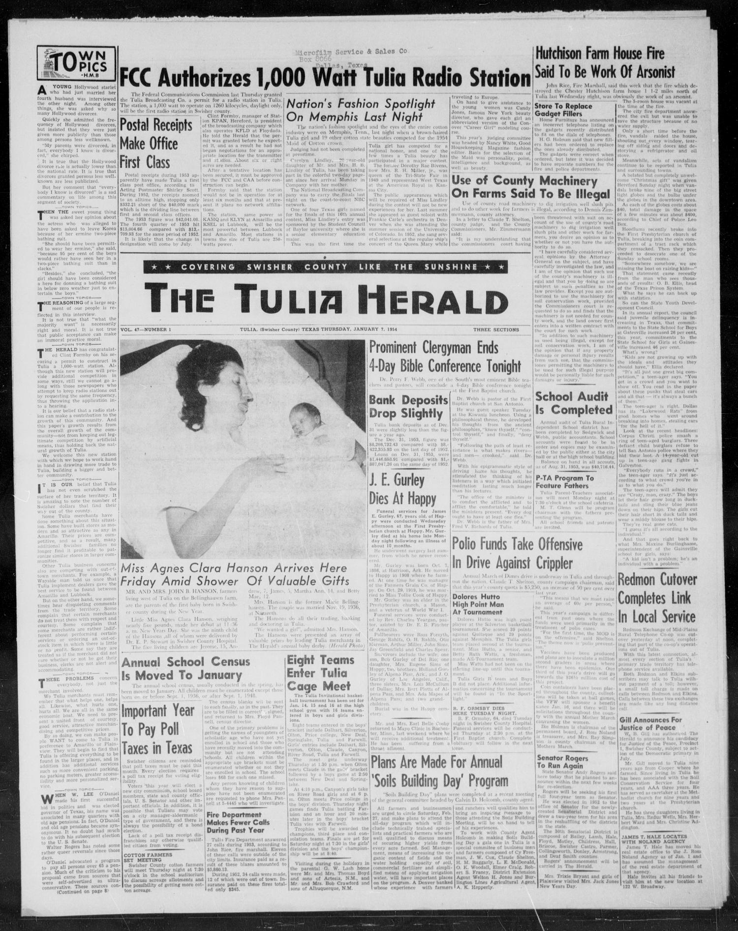 The Tulia Herald (Tulia, Tex), Vol. 47, No. 1, Ed. 1, Thursday, January 7, 1954
                                                
                                                    1
                                                