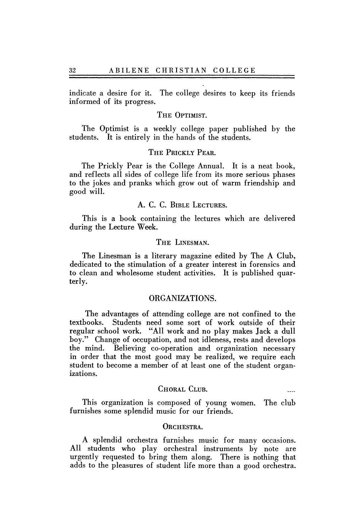 Catalog of Abilene Christian College, 1922-1923
                                                
                                                    32
                                                