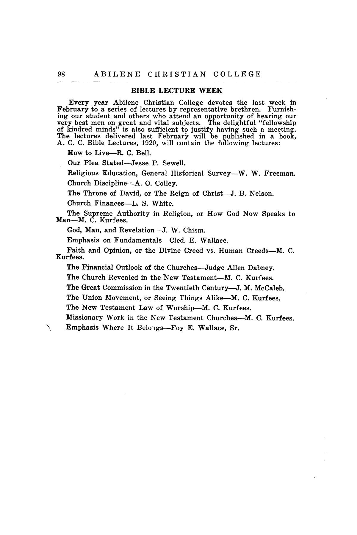 Catalog of Abilene Christian College, 1920-1921
                                                
                                                    98
                                                