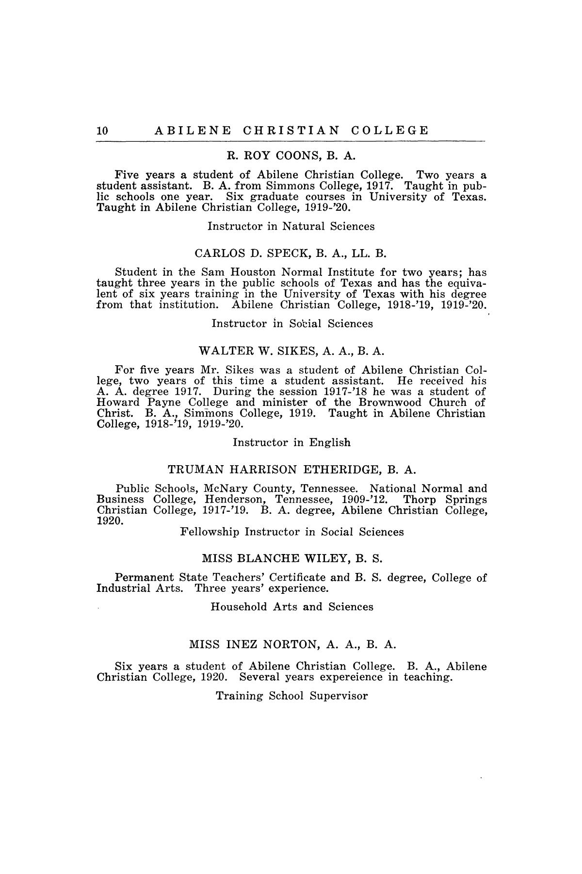 Catalog of Abilene Christian College, 1920-1921
                                                
                                                    10
                                                