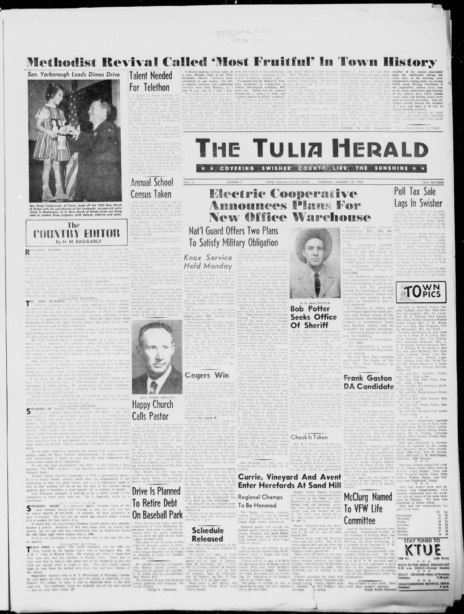 The Tulia Herald (Tulia, Tex), Vol. 51, No. 2, Ed. 1, Thursday, January 14, 1960
                                                
                                                    1
                                                