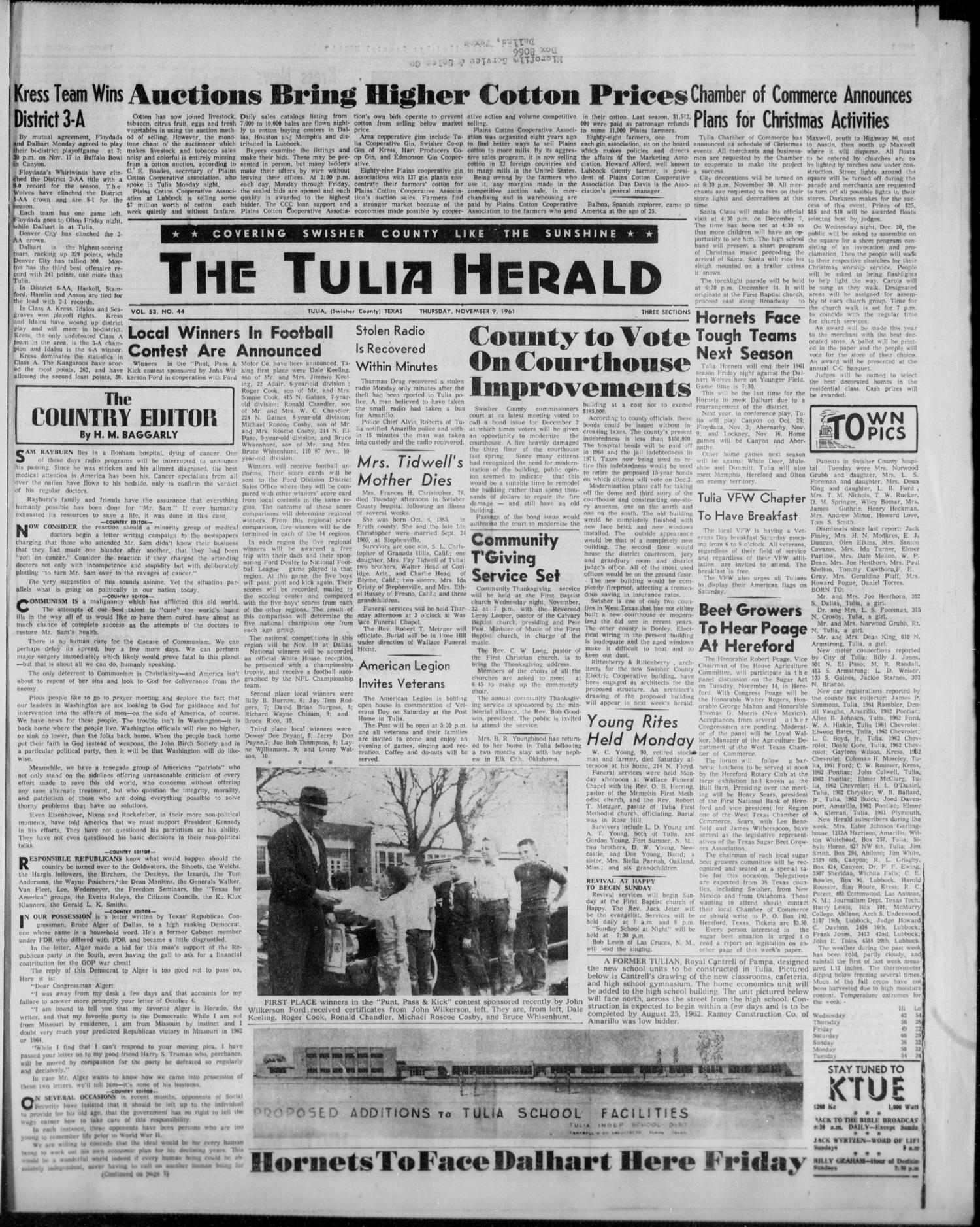 The Tulia Herald (Tulia, Tex), Vol. 53, No. 44, Ed. 1, Thursday, November 9, 1961
                                                
                                                    1
                                                