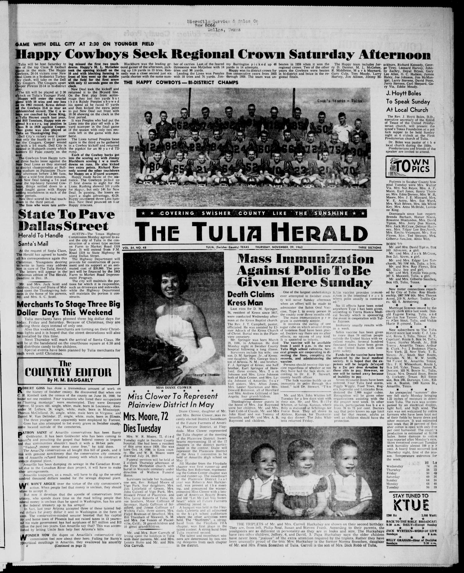 The Tulia Herald (Tulia, Tex), Vol. 54, No. 48, Ed. 1, Thursday, November 29, 1962
                                                
                                                    1
                                                