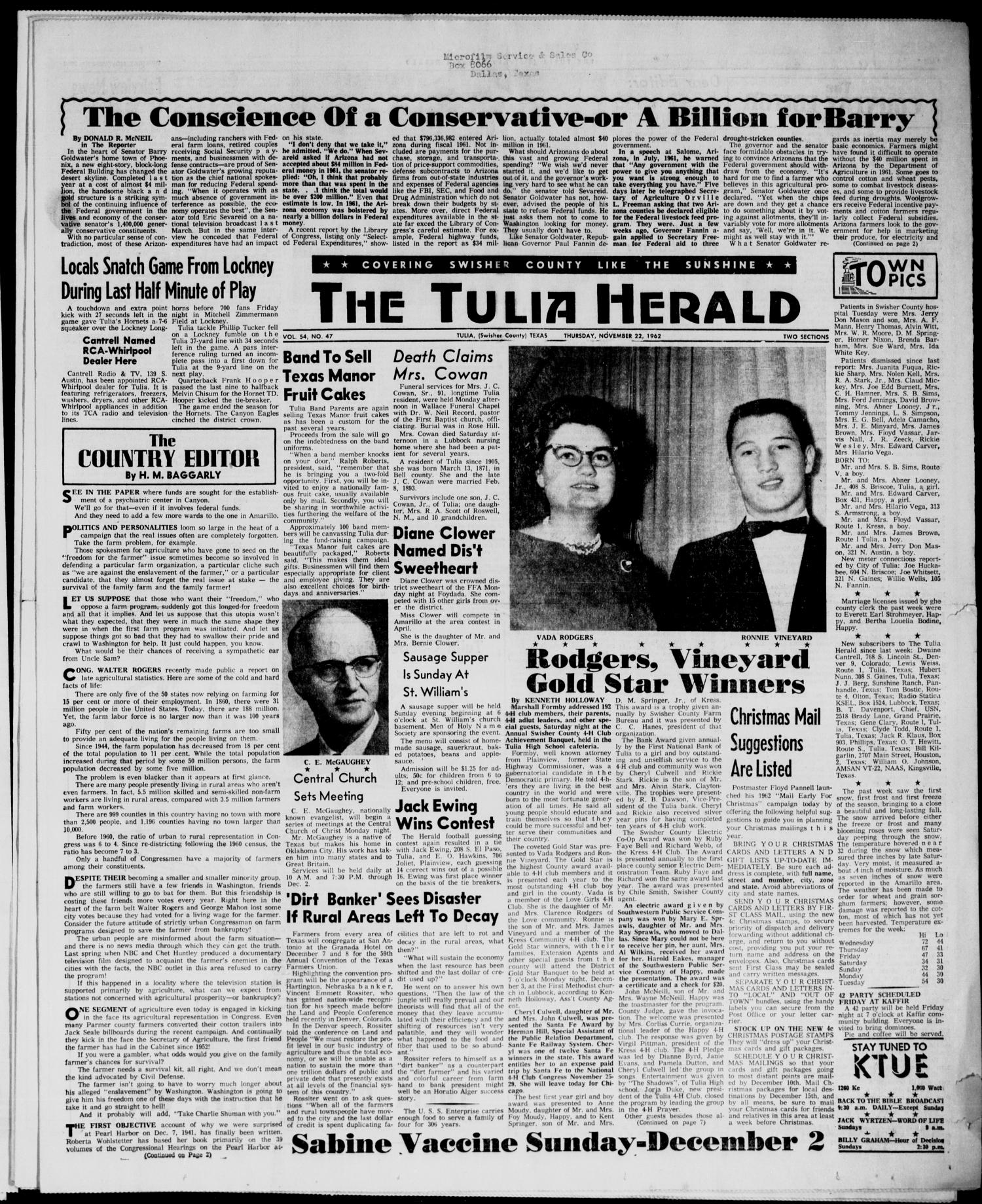 The Tulia Herald (Tulia, Tex), Vol. 54, No. 47, Ed. 1, Thursday, November 22, 1962
                                                
                                                    1
                                                